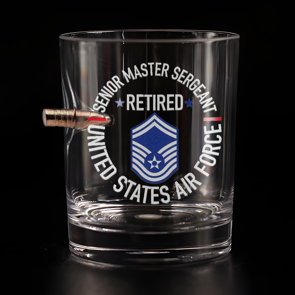 Air Force Senior Master Sergeant Retired Bullet Whiskey Glass