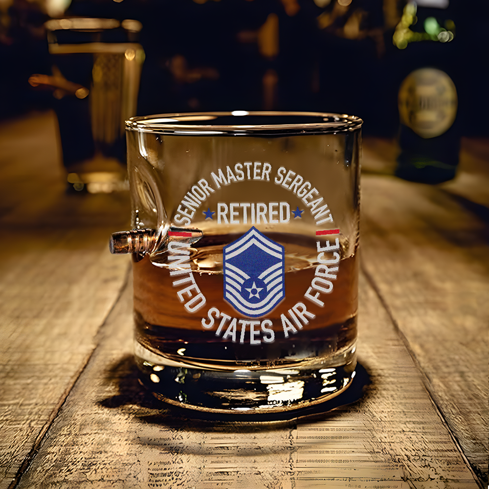 Air Force Senior Master Sergeant Retired Bullet Whiskey Glass