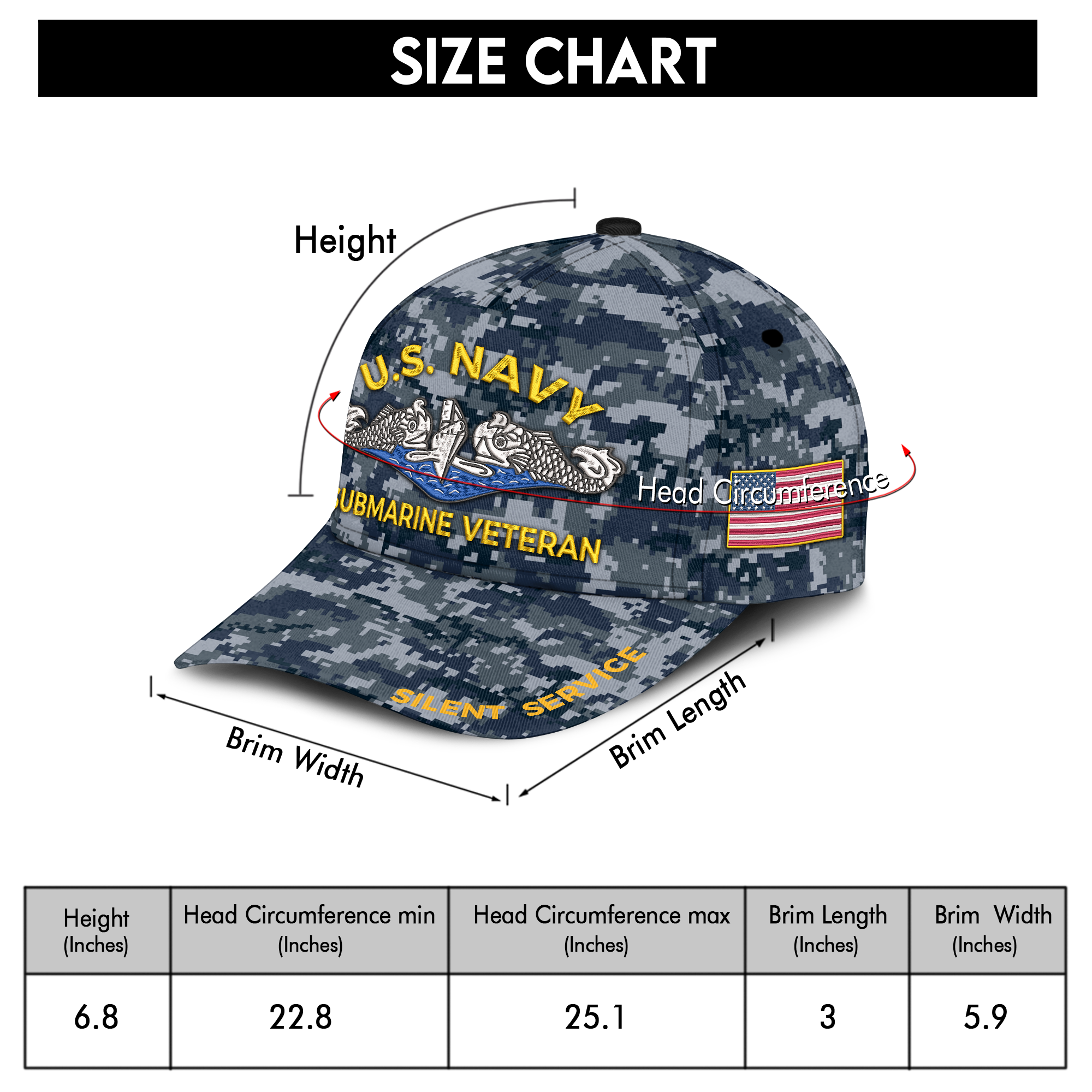 Navy Submarine Veteran Silent Service Embroidered & Printed Cap