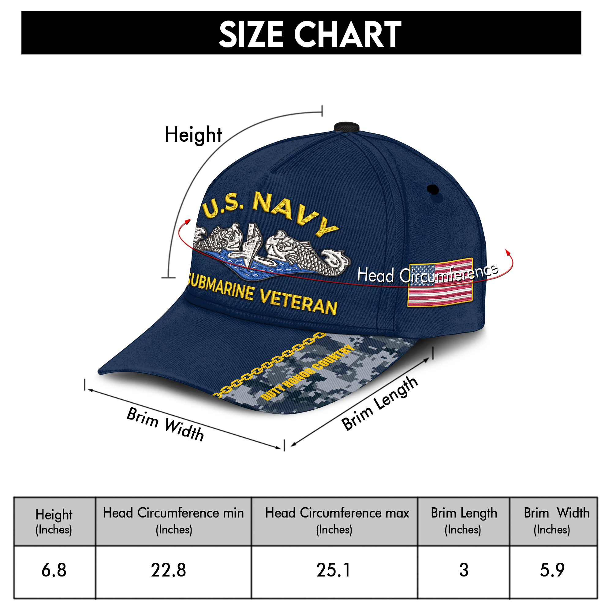 Navy Submarine Veteran Silent Service Embroidered & Printed Cap
