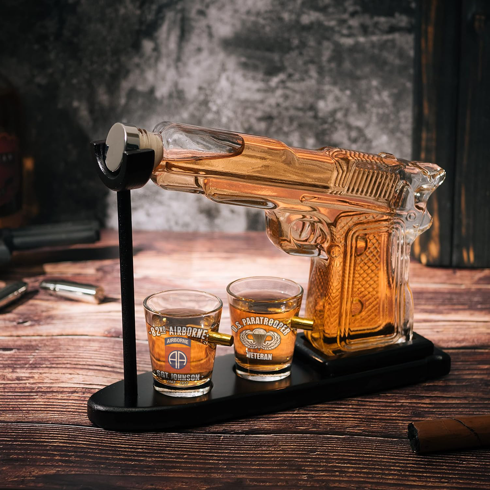 Personalizable 82nd Airborne Veteran Pistol Whiskey Decanter Set
