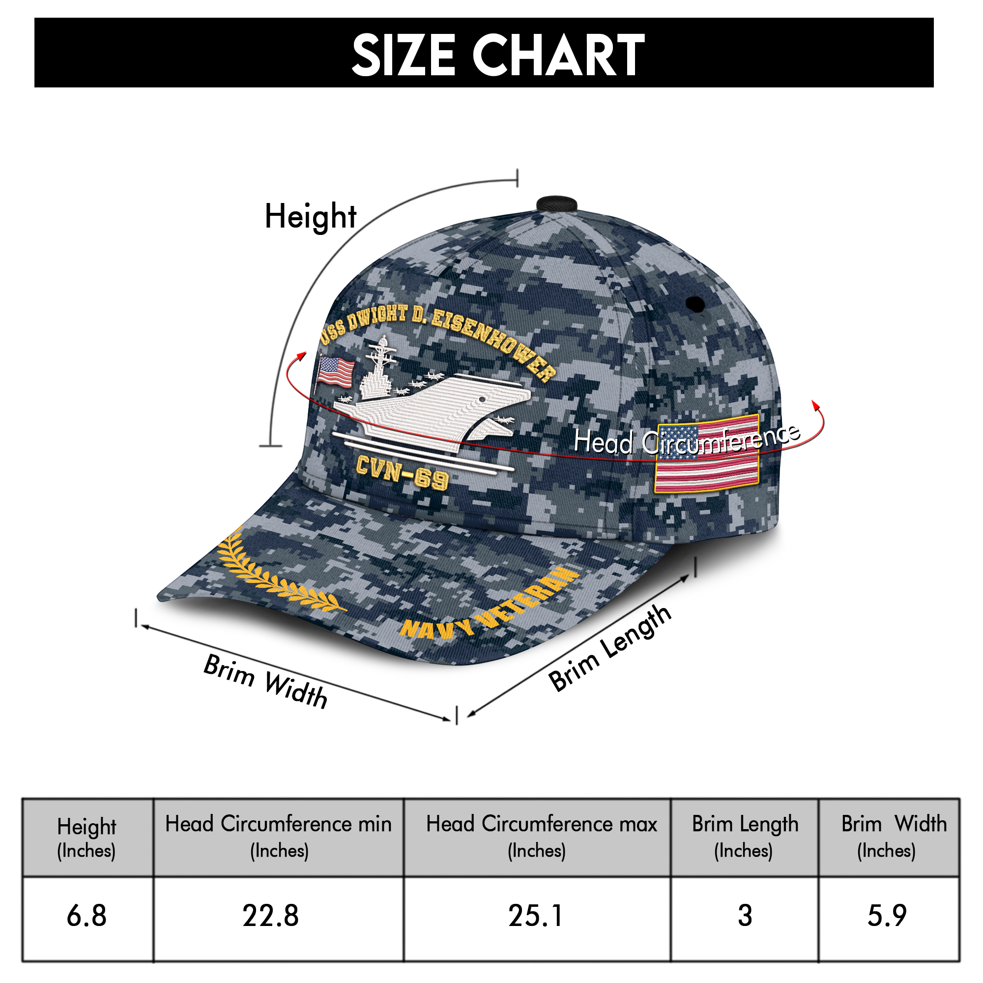 Personalizable Ship Name Navy Veteran Embroidered & Printed Cap