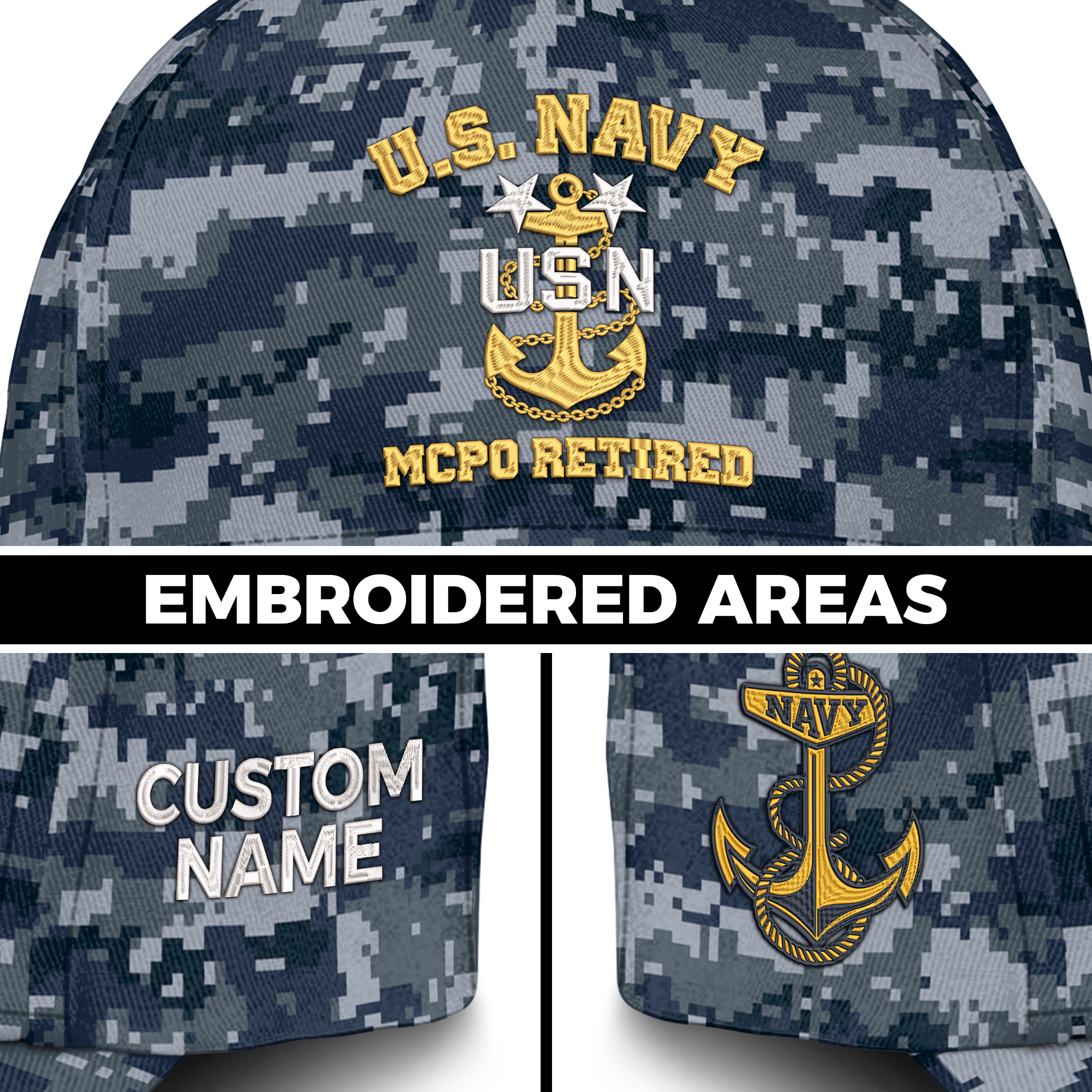 Personalizable MCPO Retired Navy Veteran Embroidered & Printed Cap