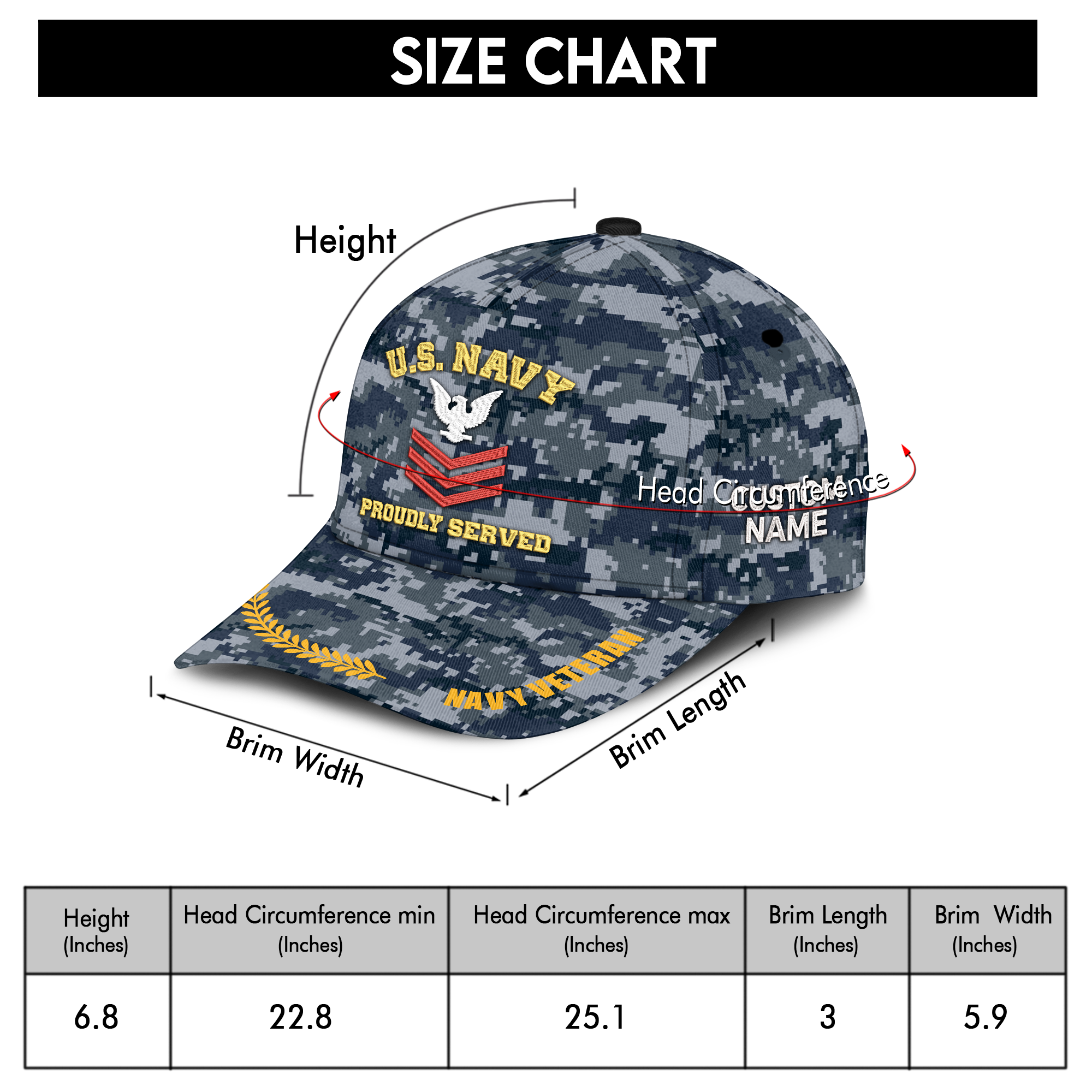 Personalizable Navy Ranking Proudly Served Embroidered & Printed Cap