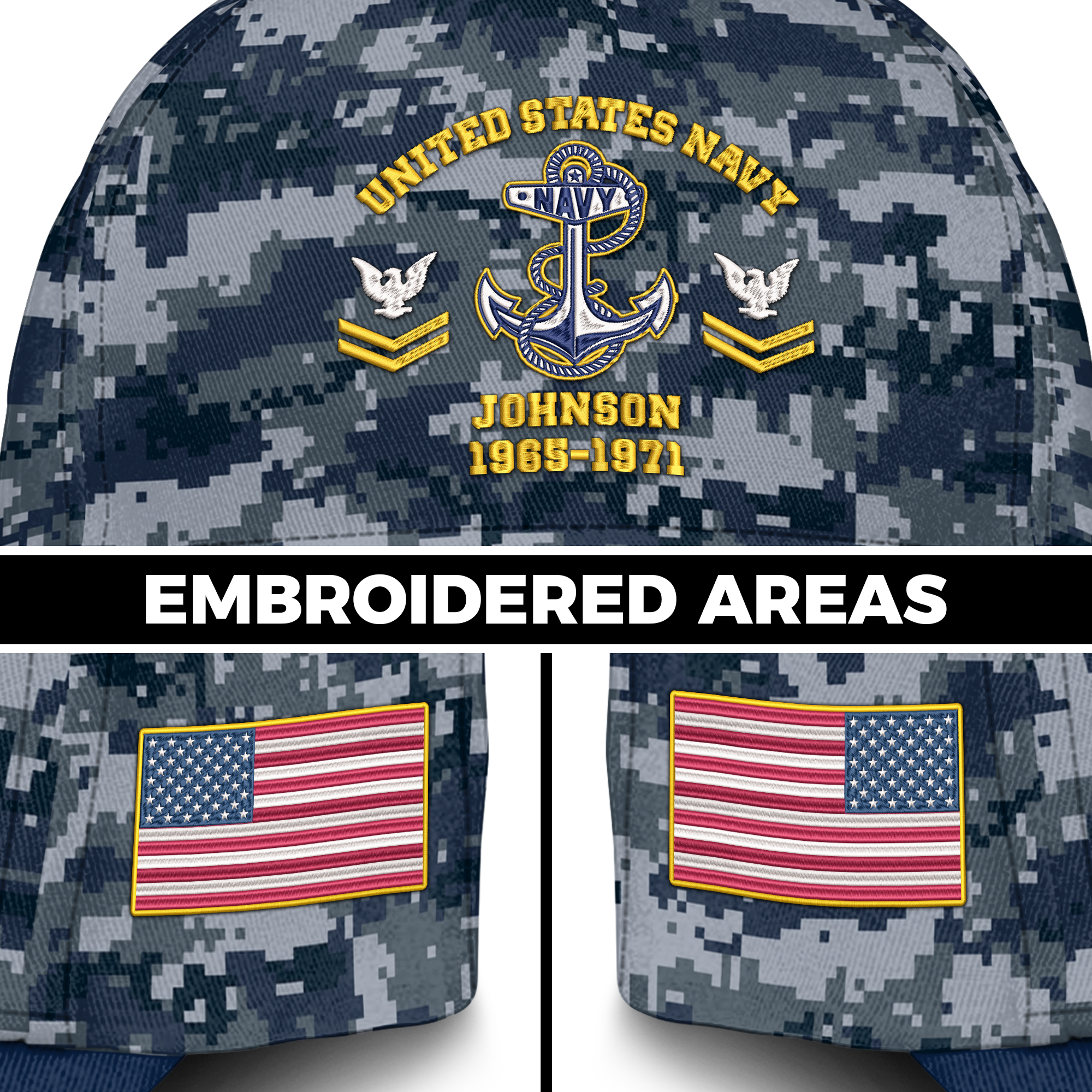 Personalizable Navy Ranking Proudly Served Embroidered & Printed Cap