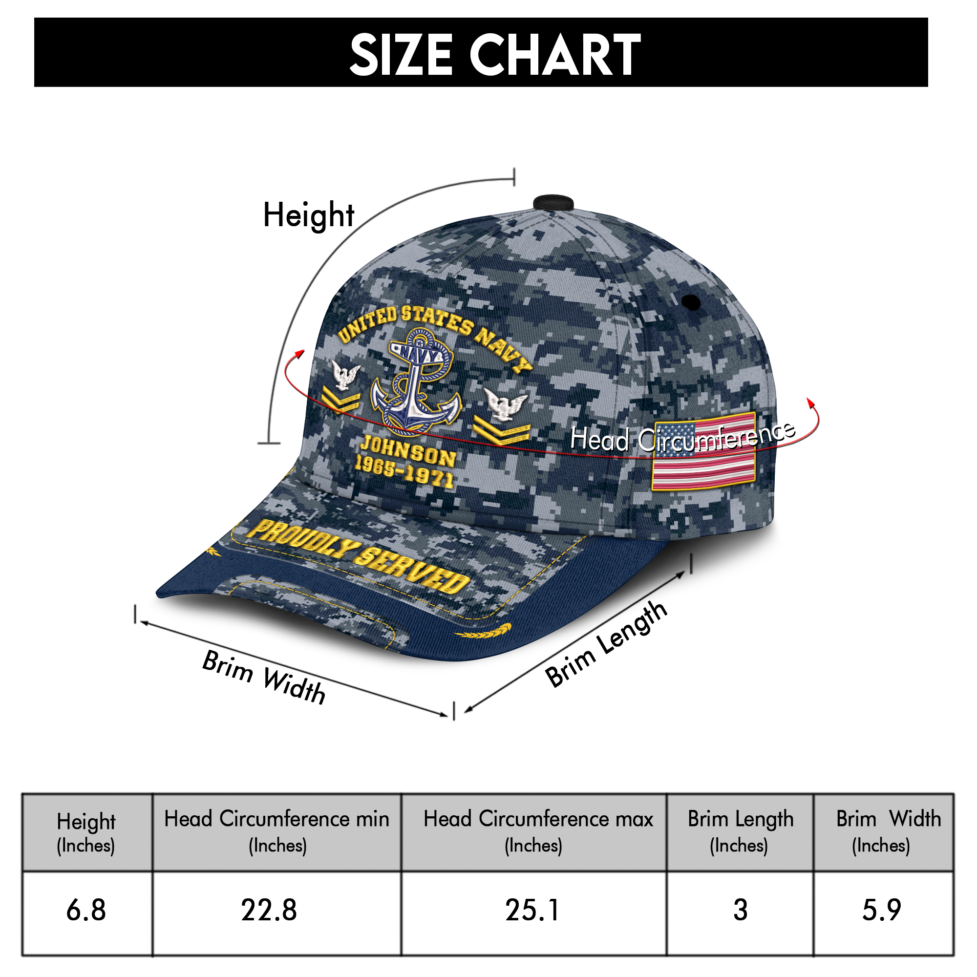 Personalizable Navy Ranking Proudly Served Embroidered & Printed Cap