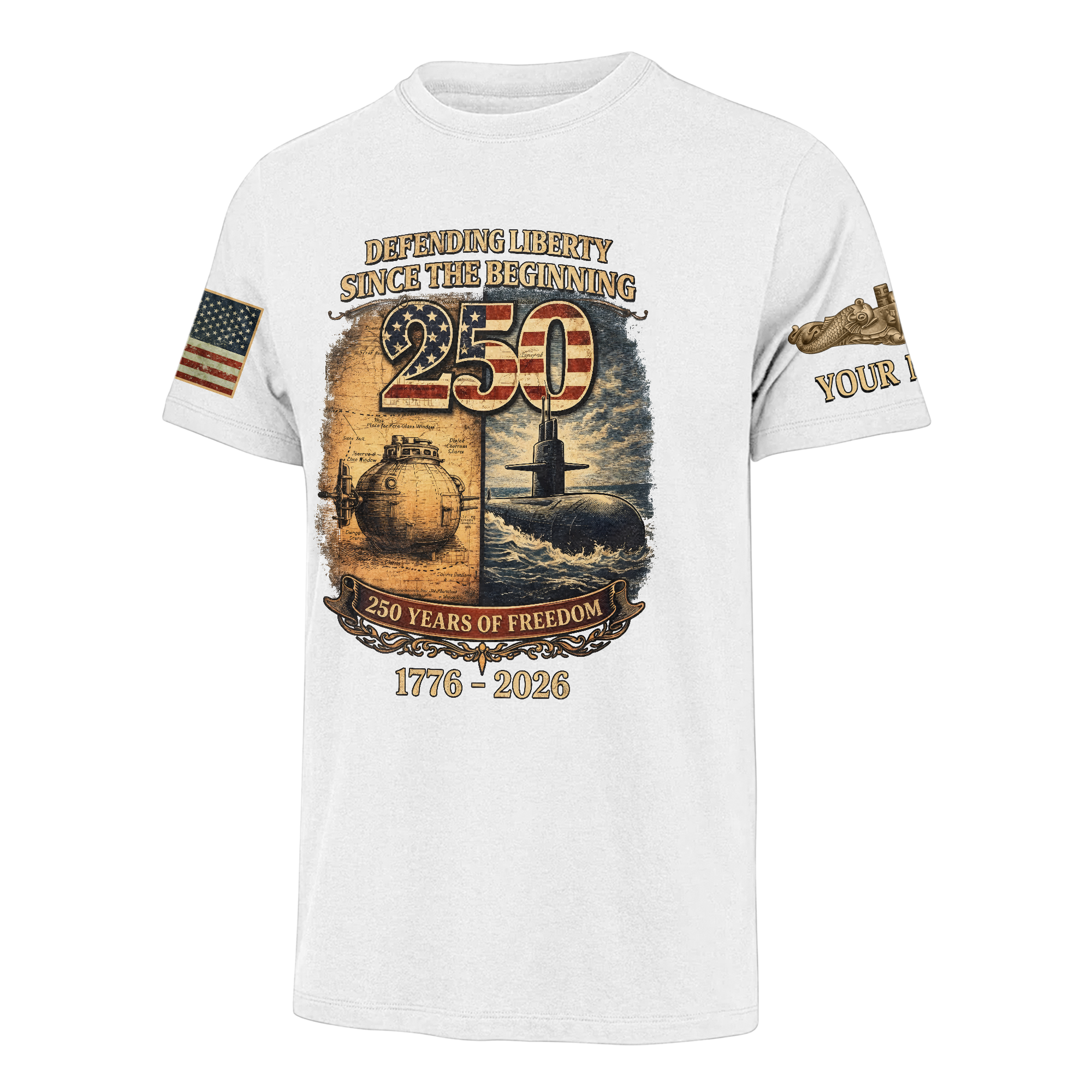 Personalizable Navy Submarine Defending Liberty America 250 Years Classic T-shirt