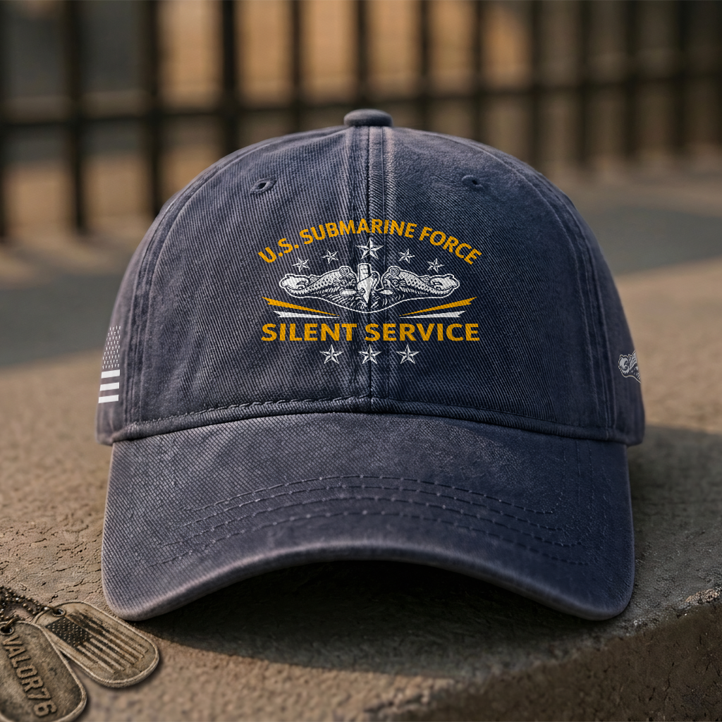 Silver Dolphins Navy Submarine Silent Service Washed Cap