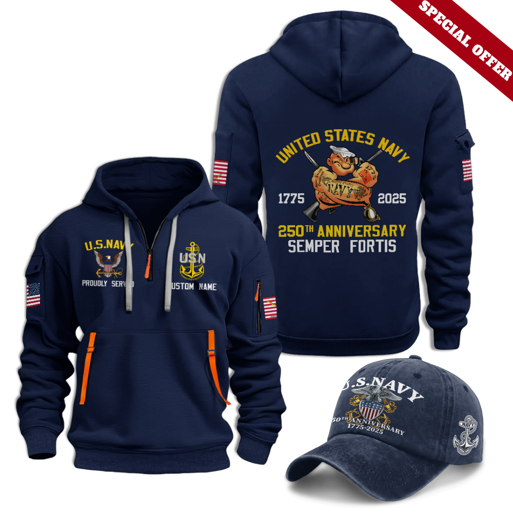 Navy 250th Anniversary Quarter Zip Hoodie & Washed Cap Combo