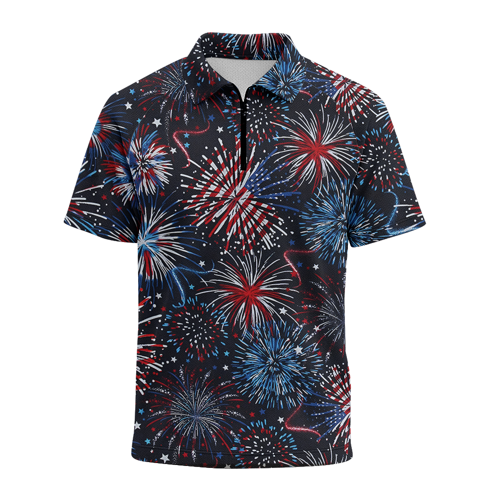 American Patriotic Firework Raglan Zip Polo Shirt