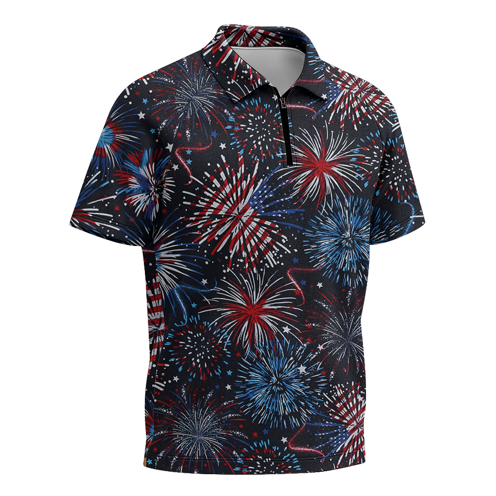 American Patriotic Firework Raglan Zip Polo Shirt