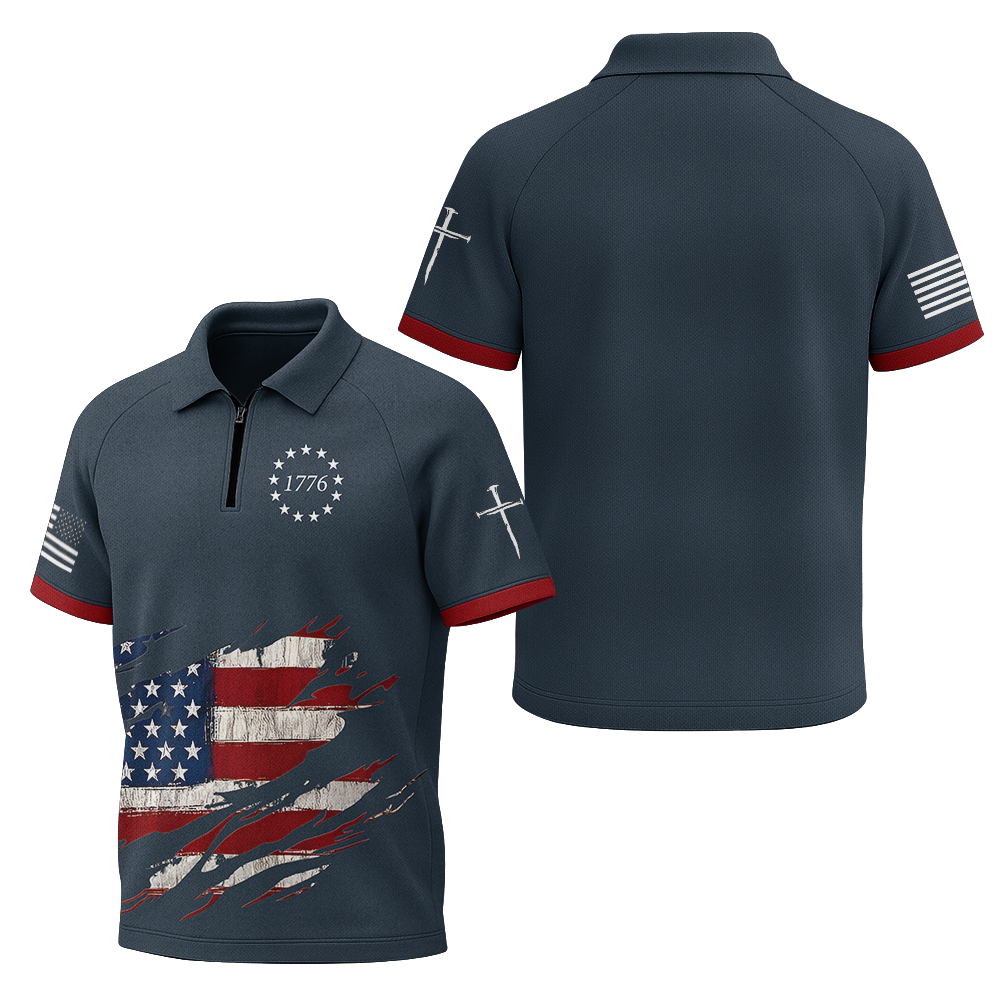 American Patriotic Distressed Flag Raglan Zip Polo Shirt