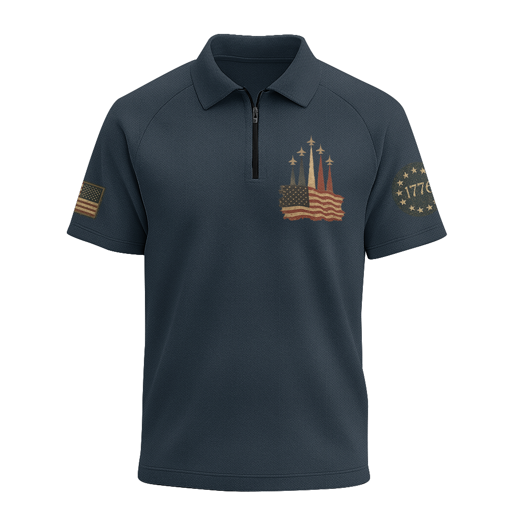 American Patriotic Vintage Raglan Zip Polo Shirt