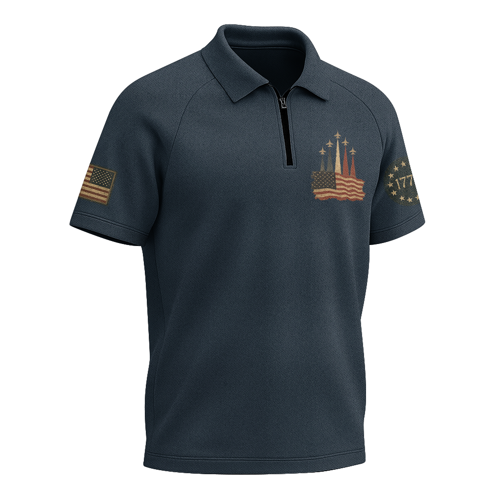 American Patriotic Vintage Raglan Zip Polo Shirt