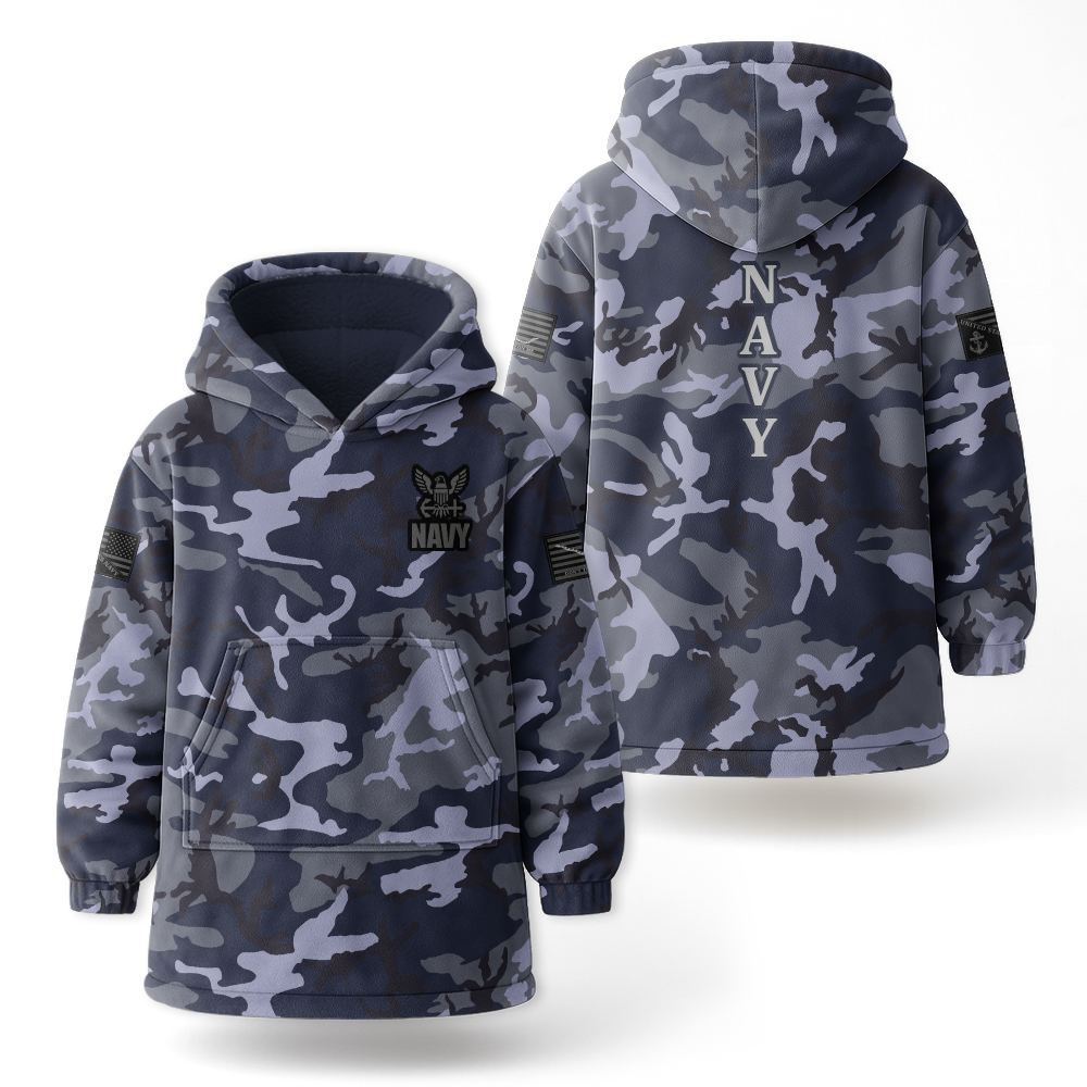 Navy Woodland Camouflage Blanket Hoodie