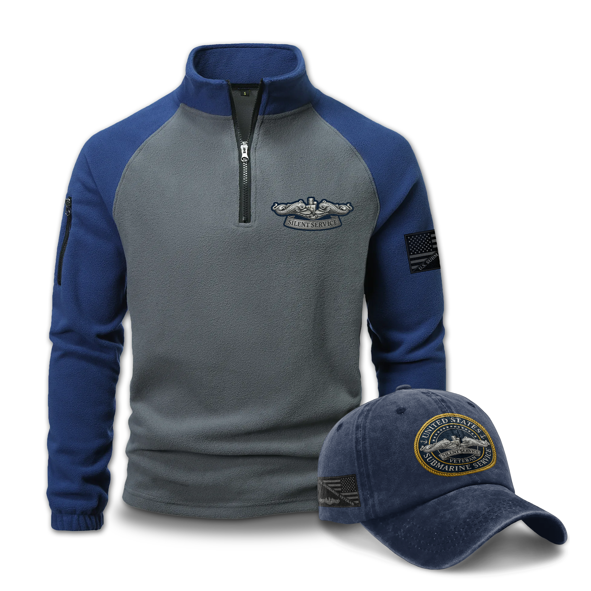 Submarine Service Silver Dolphins Sweatshirt & Washed Cap Combo Bundle
