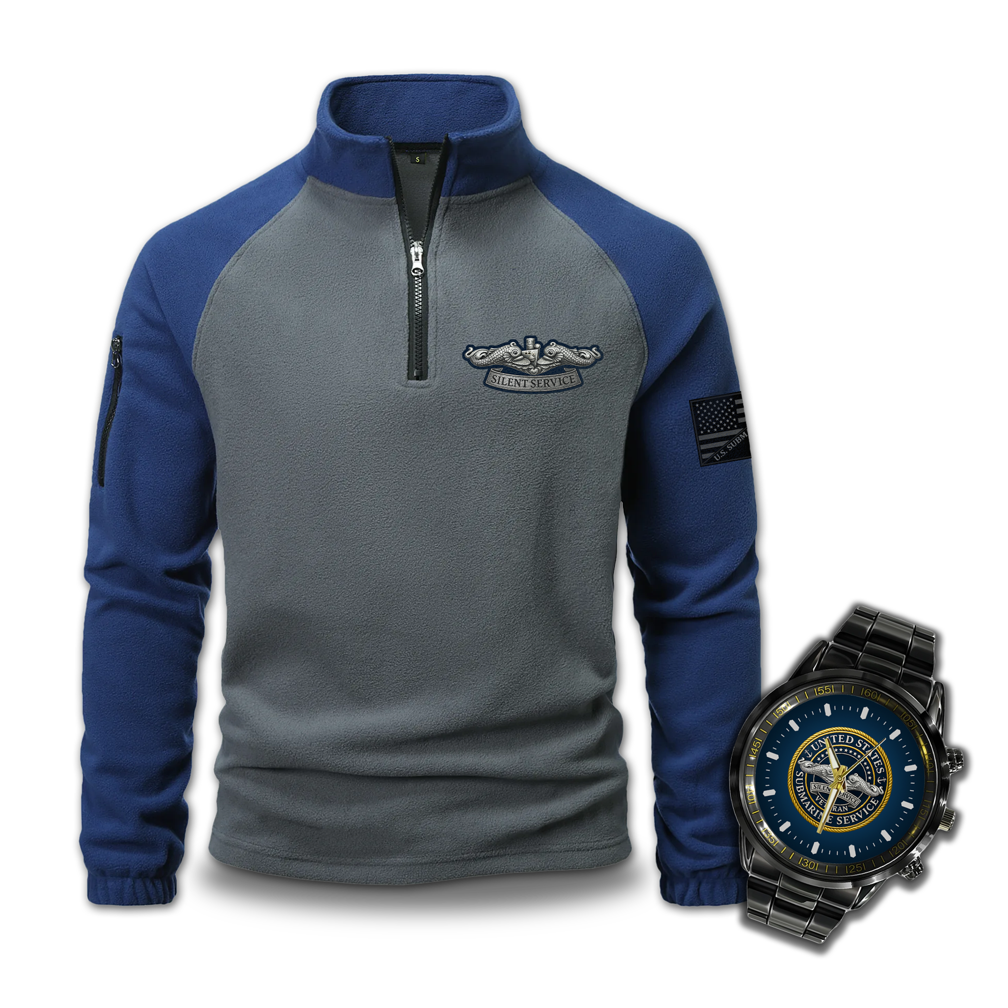 Submarine Service Silver Dolphins Sweatshirt & Steel Watch Combo Bundle