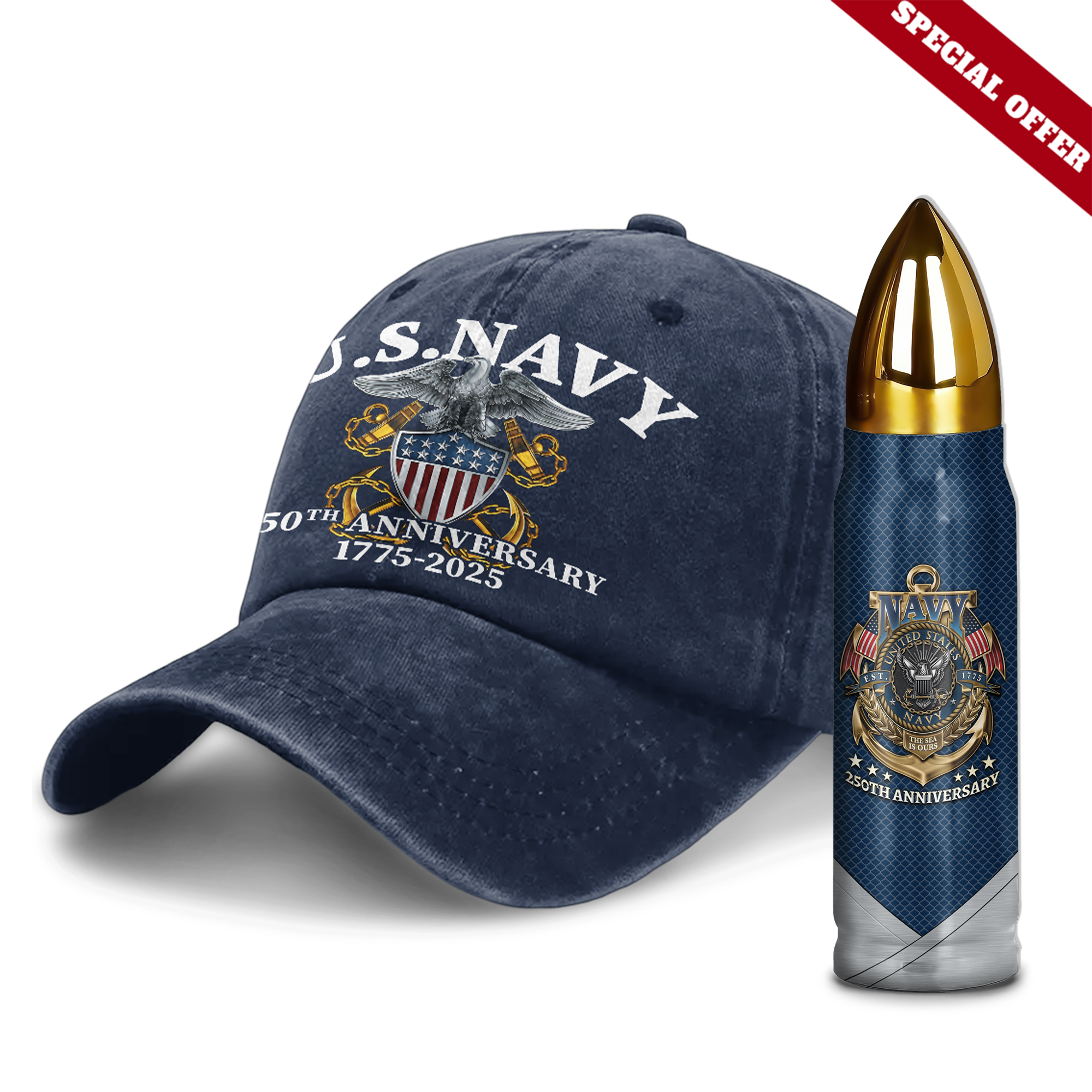 Navy 250th Anniversary Washed Cap & Bullet Tumbler Combo Bundle
