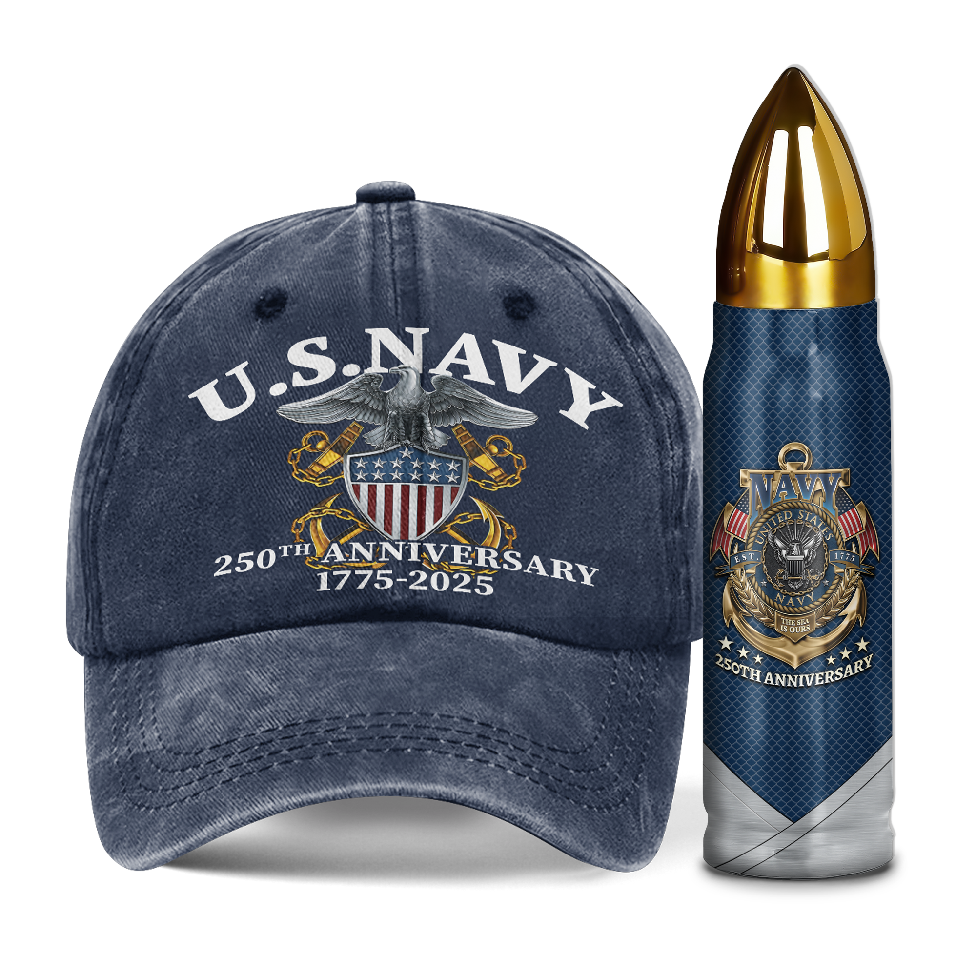 Navy 250th Anniversary Washed Cap & Bullet Tumbler Combo Bundle