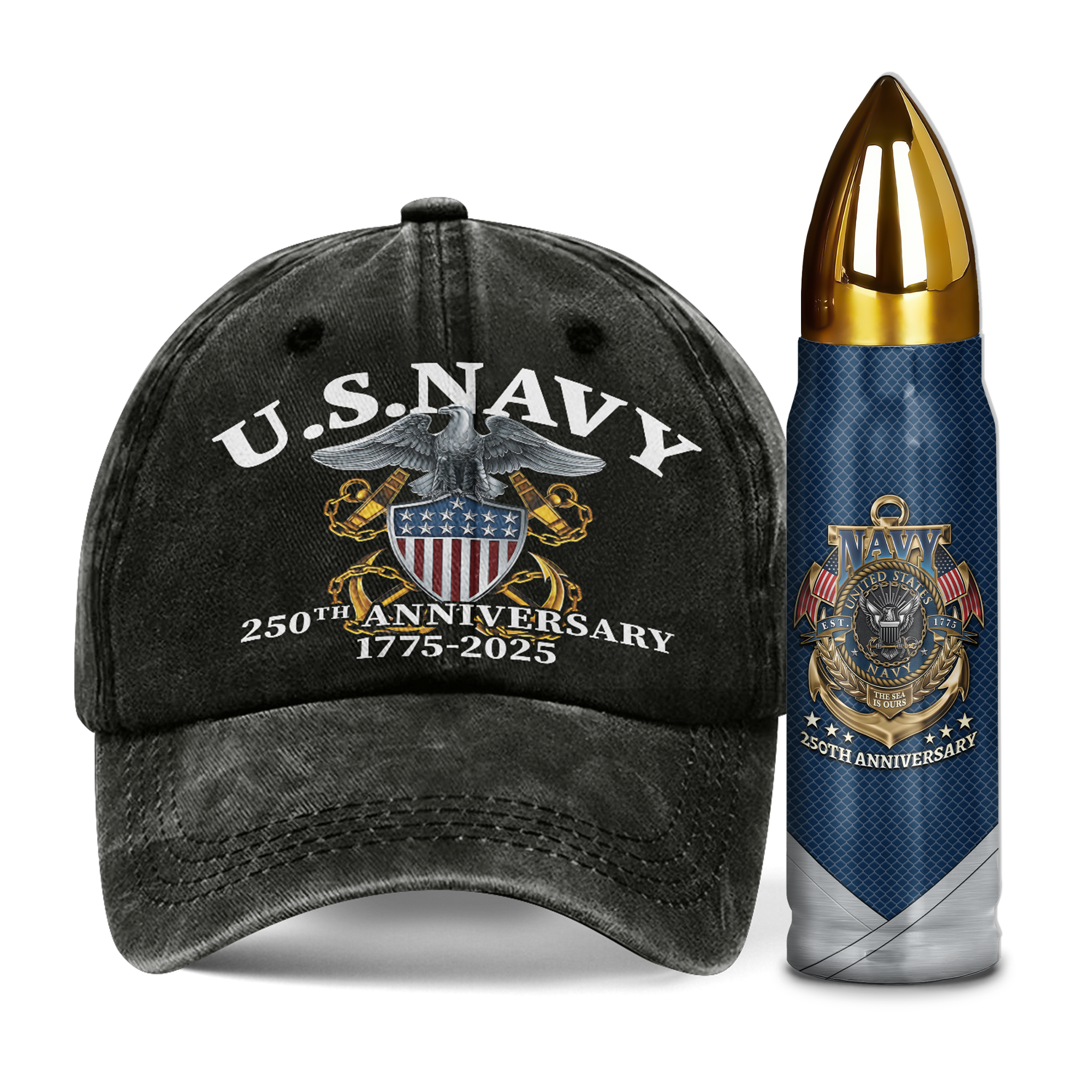 Navy 250th Anniversary Washed Cap & Bullet Tumbler Combo Bundle
