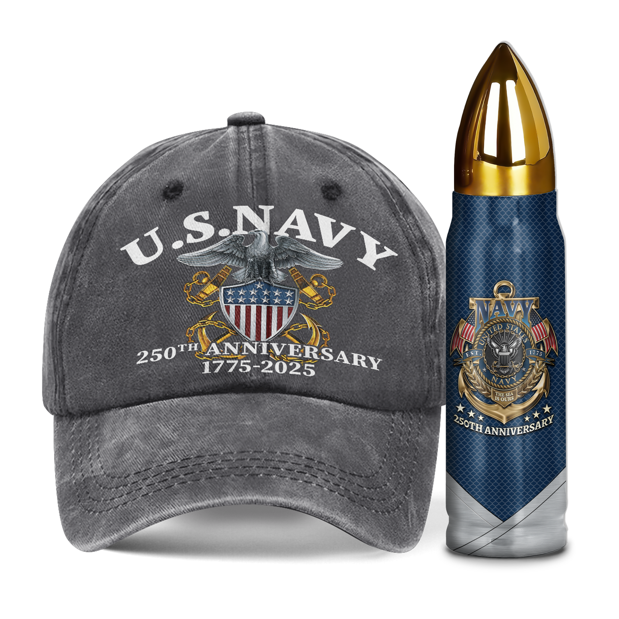 Navy 250th Anniversary Washed Cap & Bullet Tumbler Combo Bundle