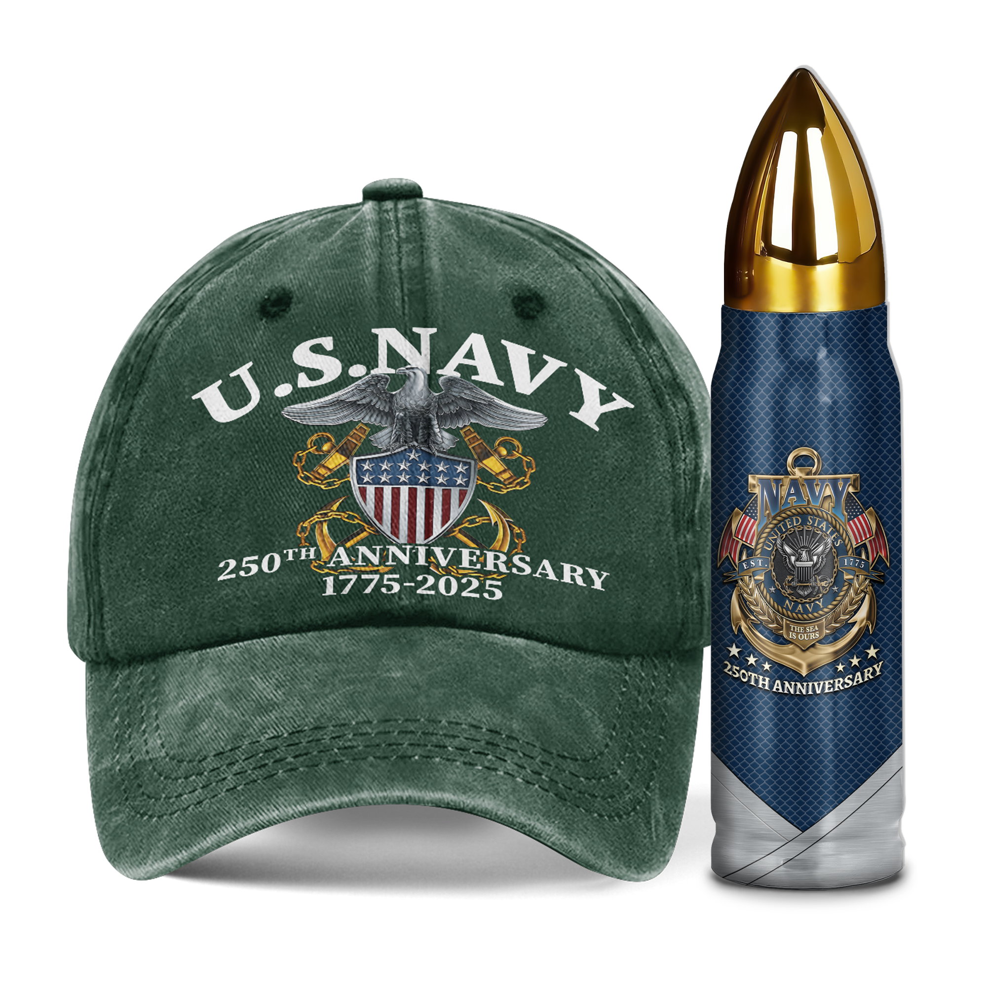 Navy 250th Anniversary Washed Cap & Bullet Tumbler Combo Bundle