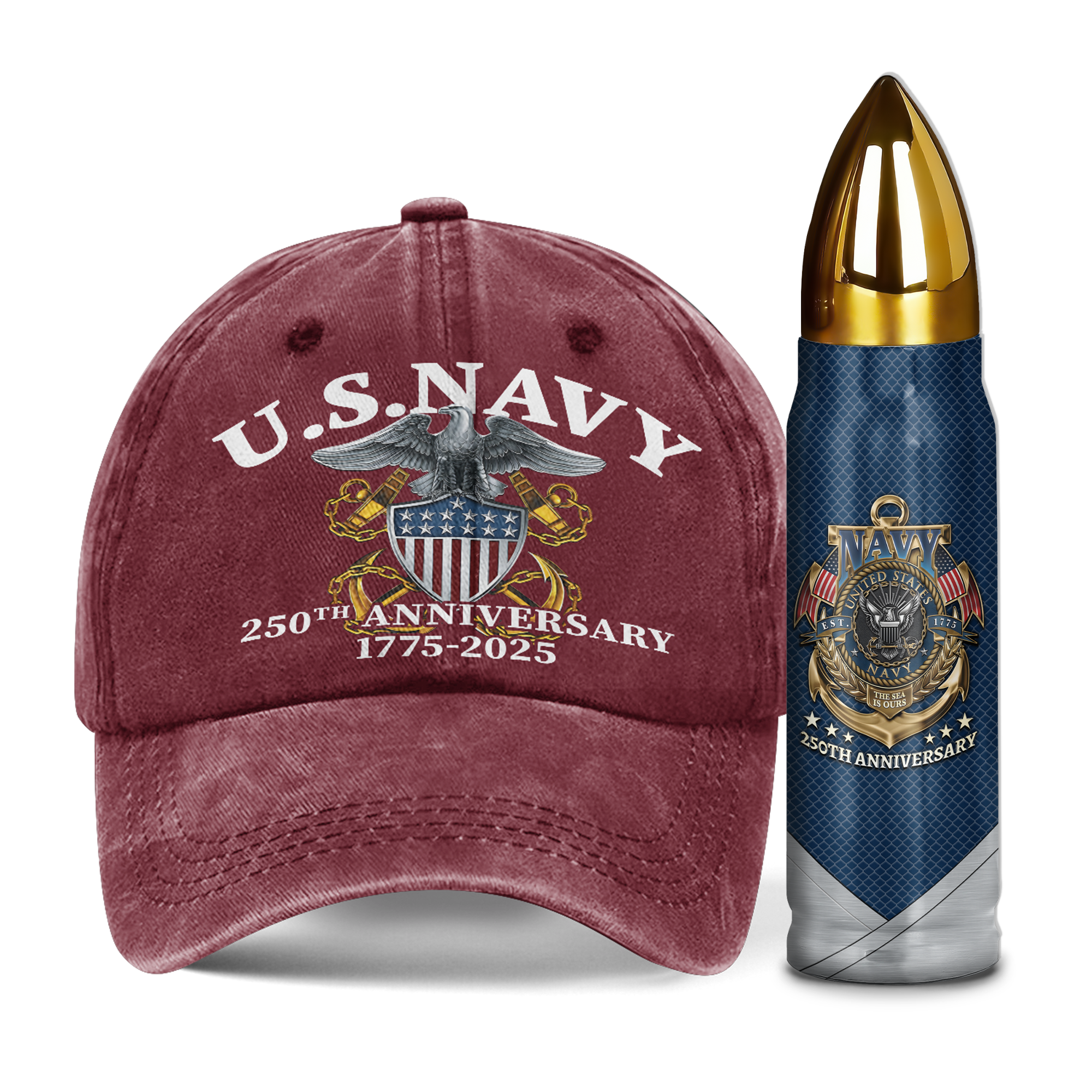 Navy 250th Anniversary Washed Cap & Bullet Tumbler Combo Bundle