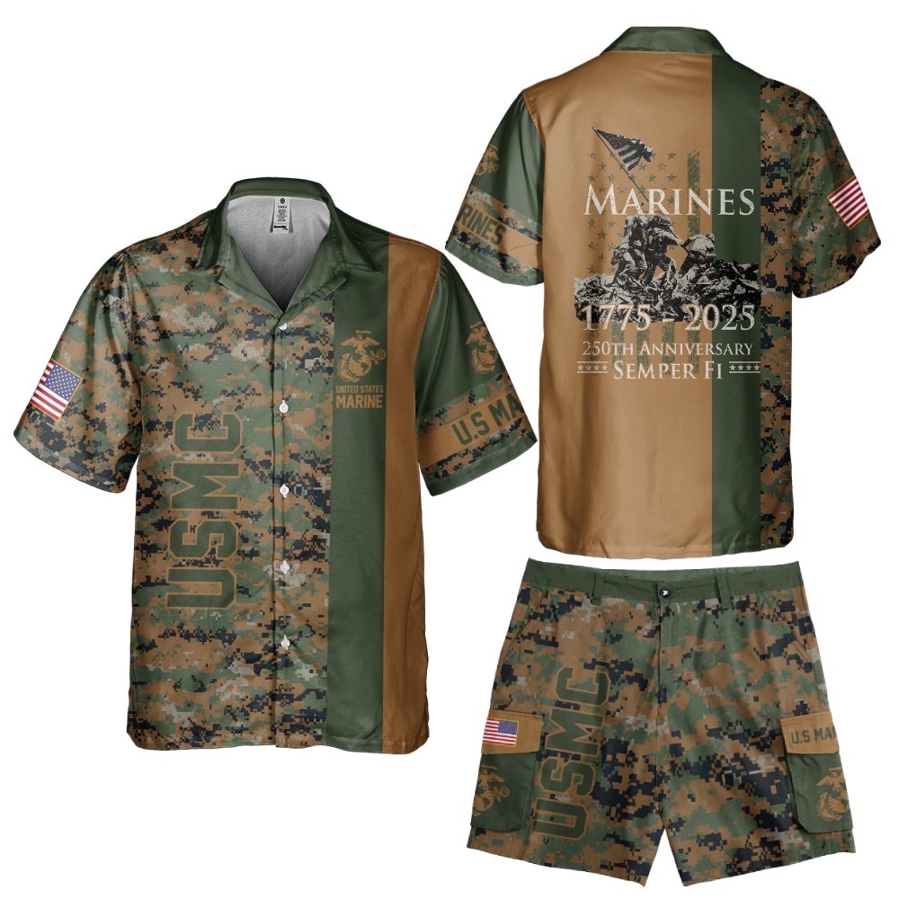 Marines 250th Anniversary Cuban Shirt & Cargo Shorts Combo
