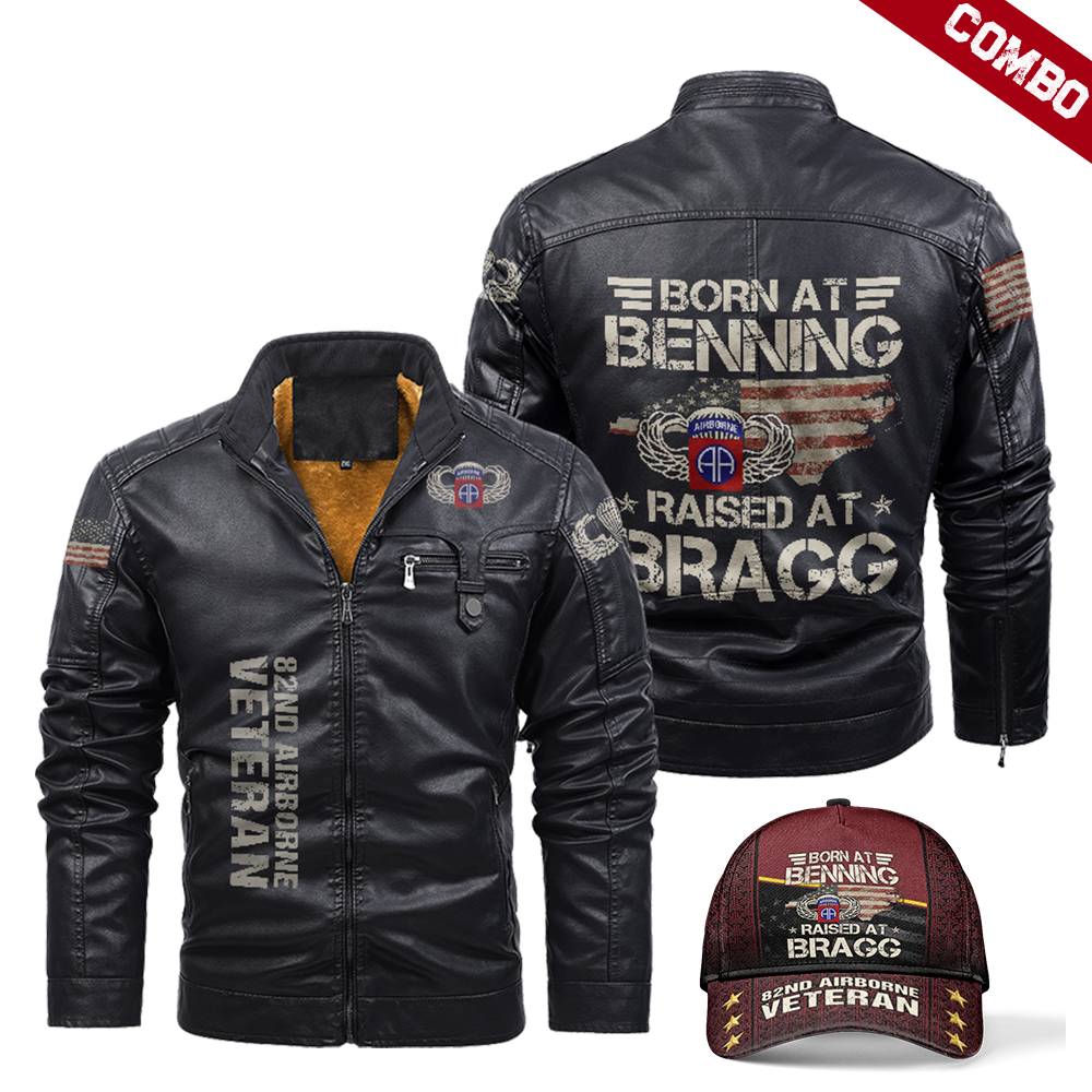 Born at Benning Raised At Bragg Leather Jacket & Cap Combo