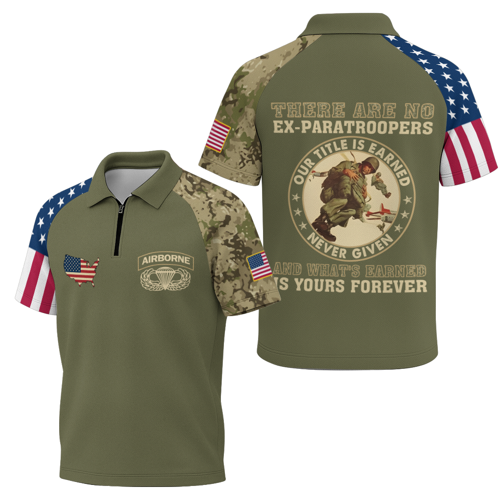 Airborne There's No Ex-Paratroopers Raglan Zip Polo Shirt