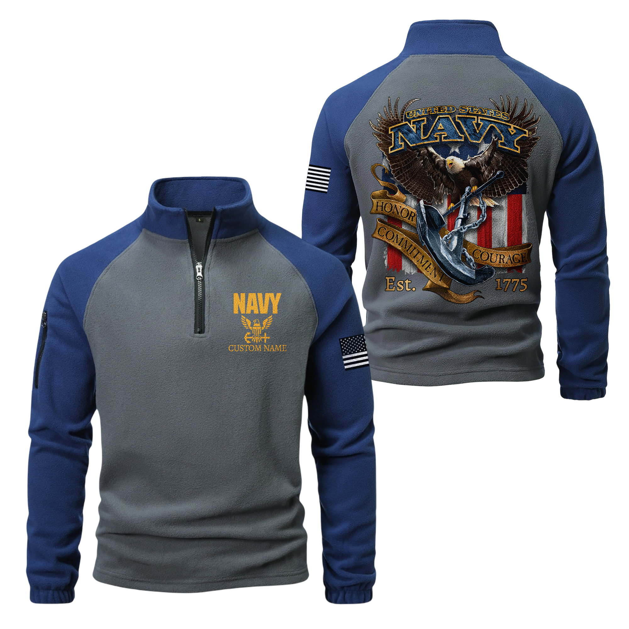Personalizable Navy Honor Courage Commitment Half-Zip Raglan Sweatshirt