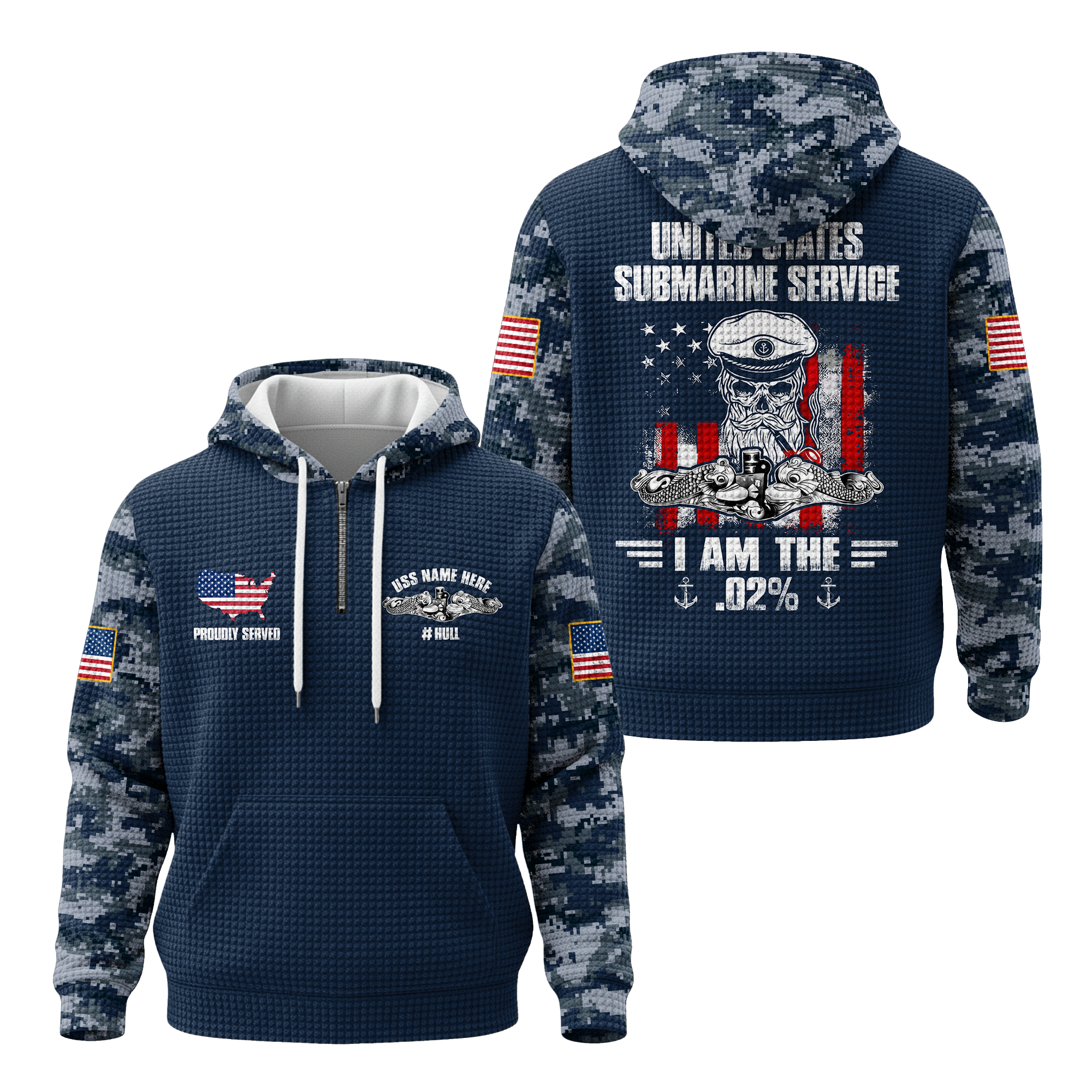 Personalizable Navy Submarine Quarter Zip Waffle Hoodie