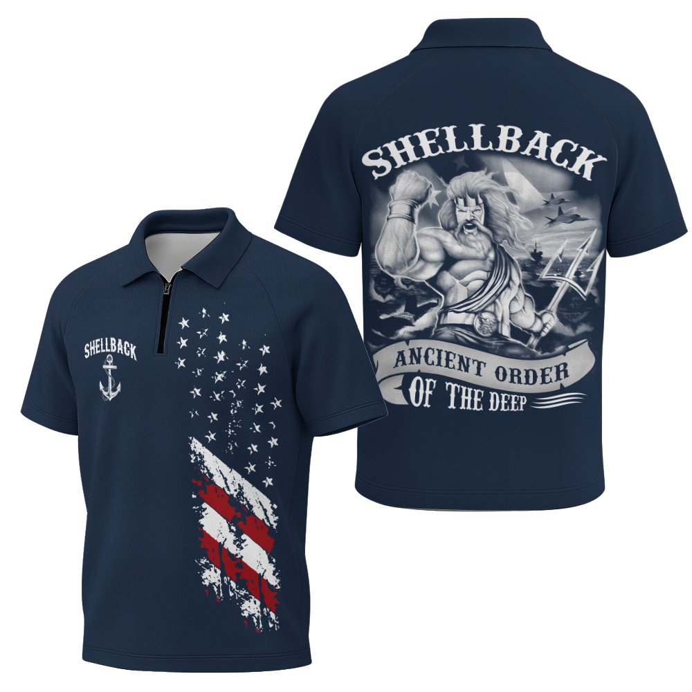 Navy Shellback Ancient Order Of The Deep Raglan Zip Polo Shirt