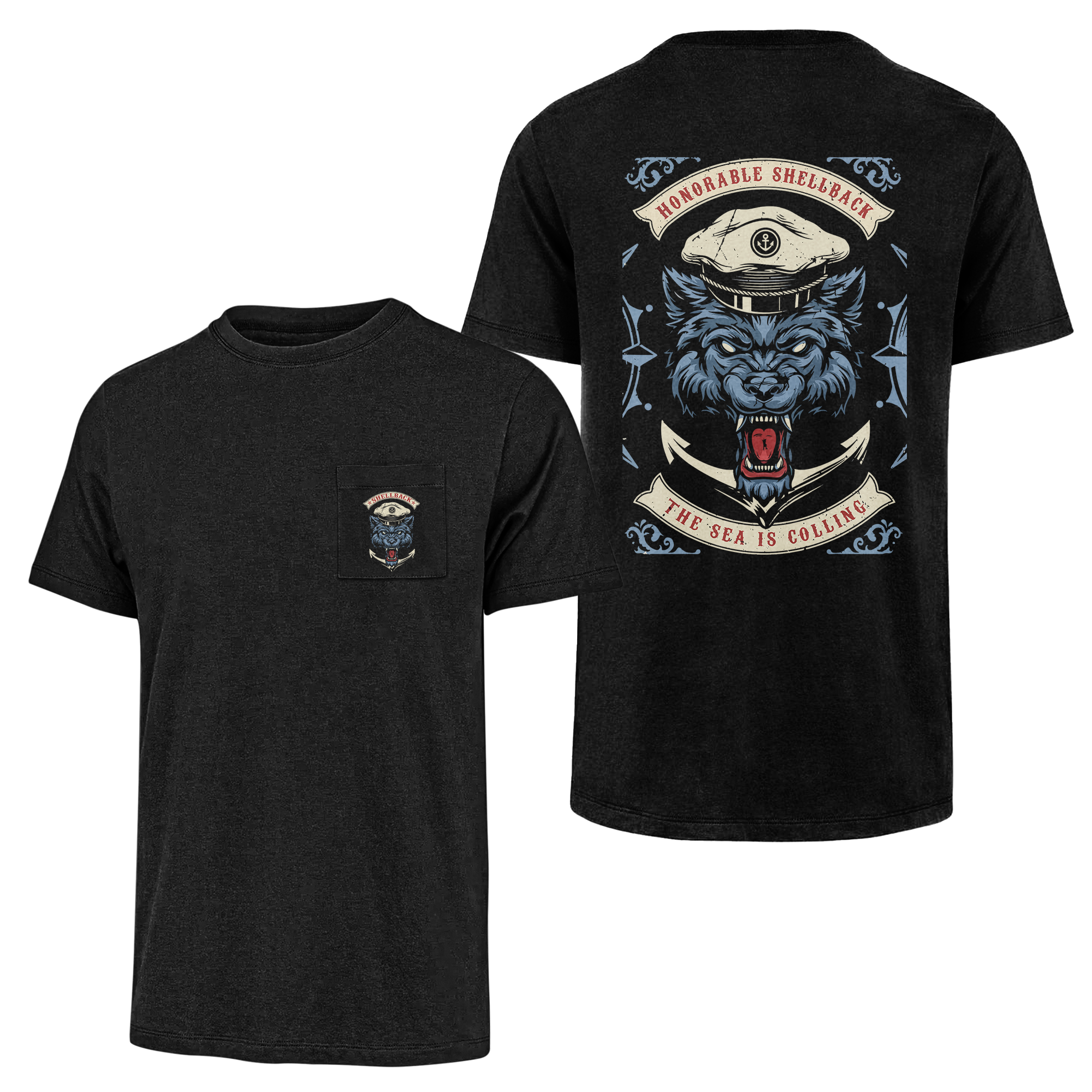 Honorable Shellback The Sea Is Colling Double Sided Pocket T-shirt