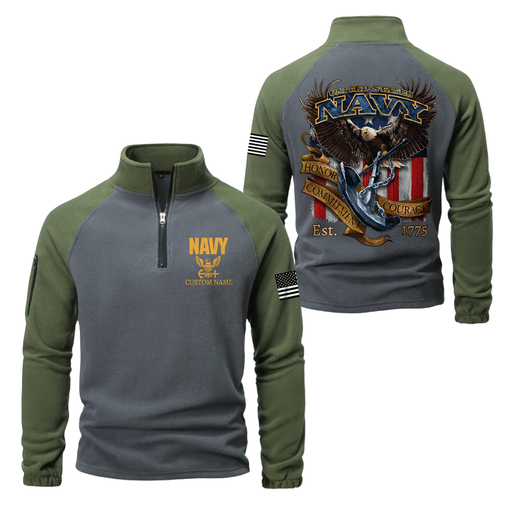Personalizable Navy Honor Courage Commitment Half-Zip Raglan Sweatshirt