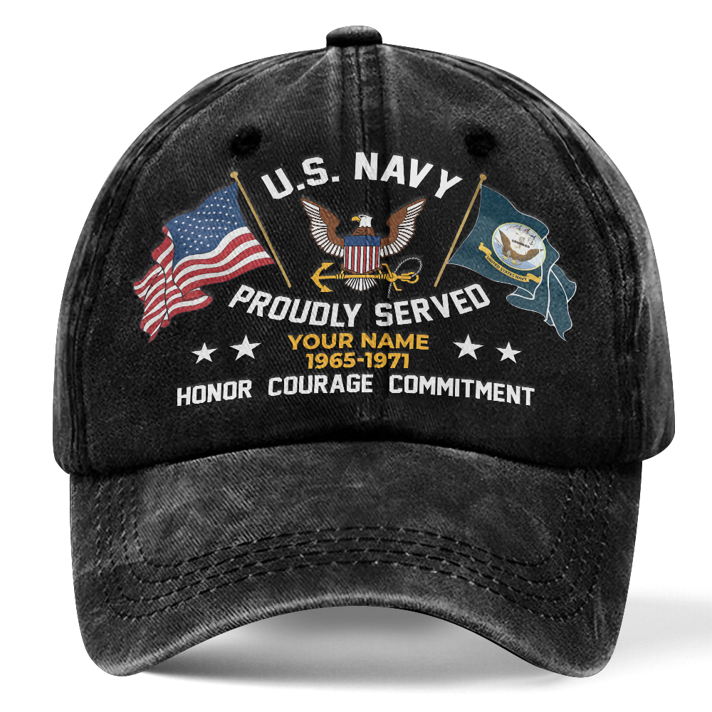 Personalized Navy Proudly Served Washed Cap