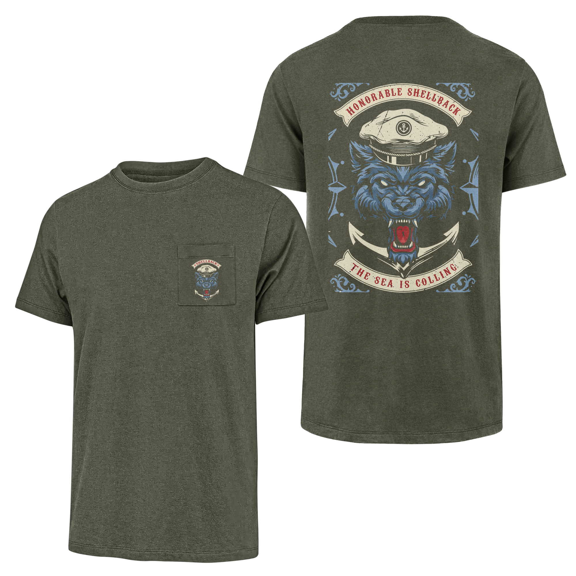 Honorable Shellback The Sea Is Colling Double Sided Pocket T-shirt