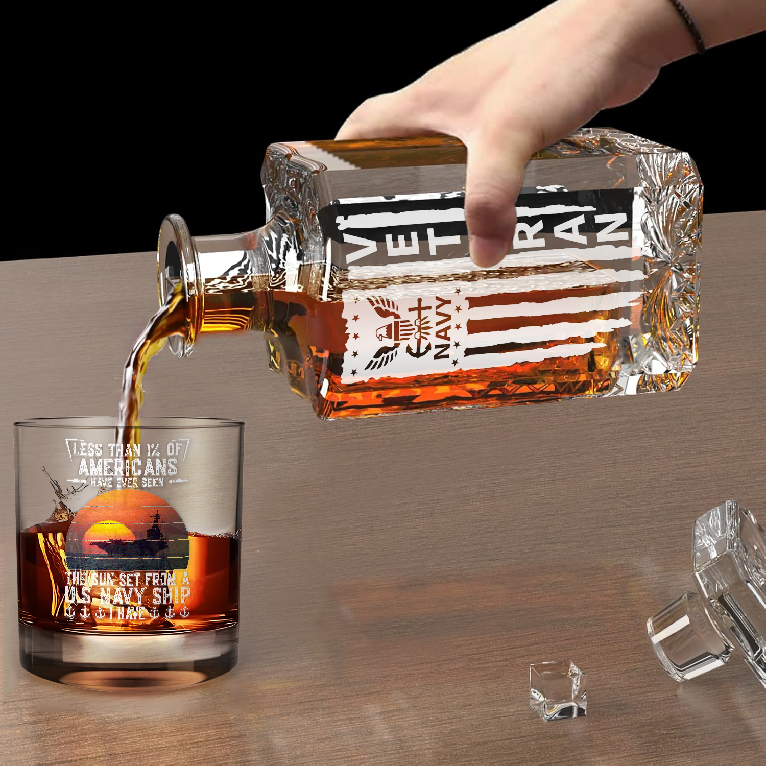 Navy Veteran Set of 1 Whiskey Glass & Decanter (x1 Coaster Gift)