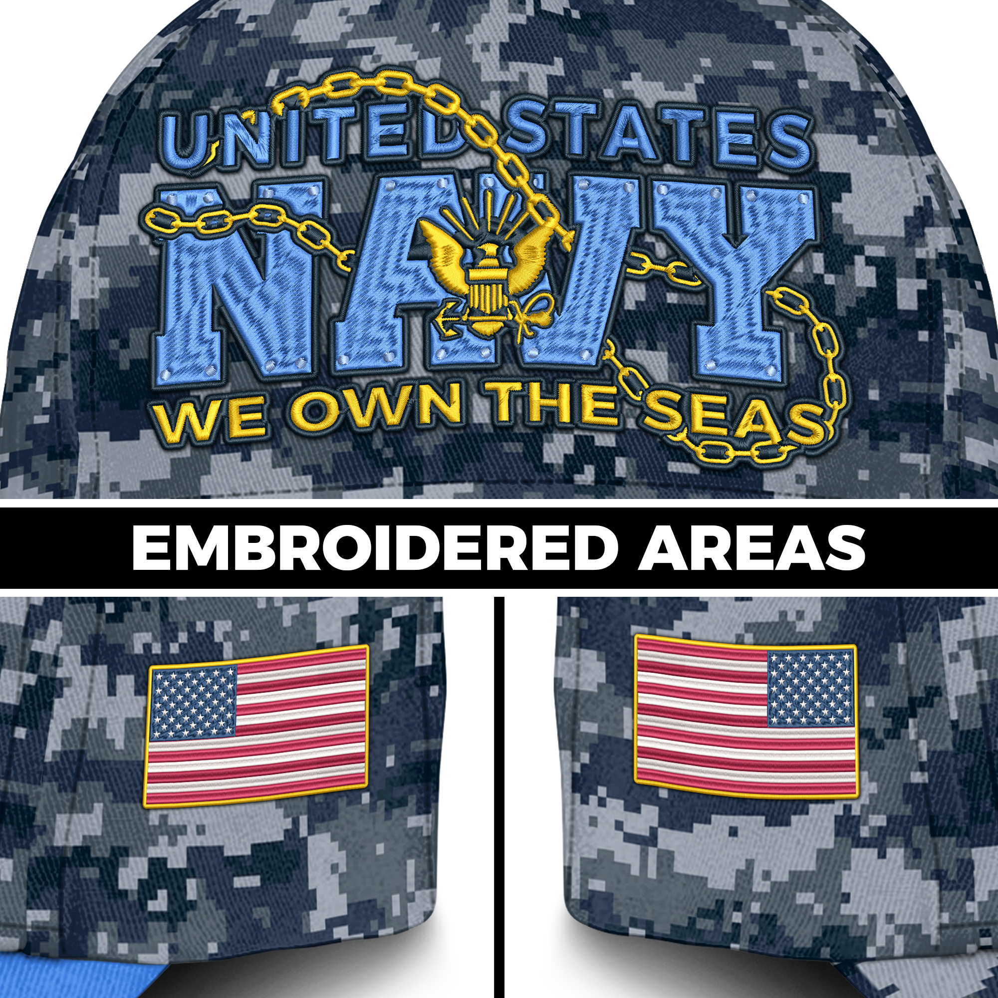 Navy We Own The Seas Embroidered & Printed Cap
