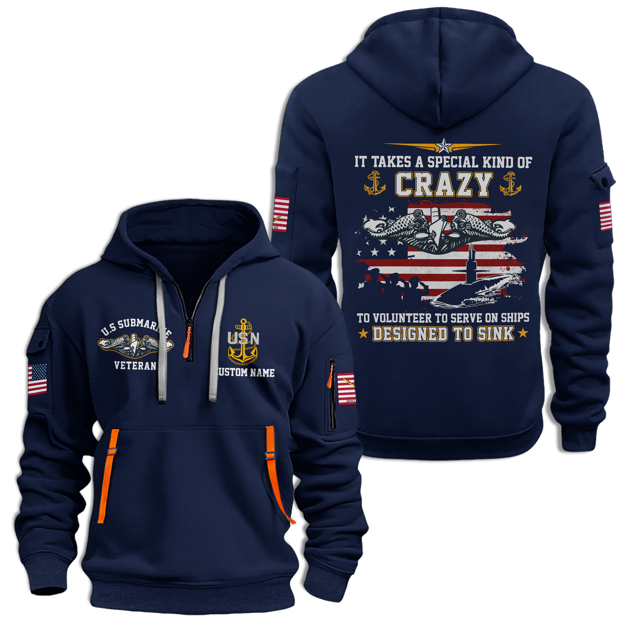 Personalizable Navy Submarine Quarter Zip Hoodie