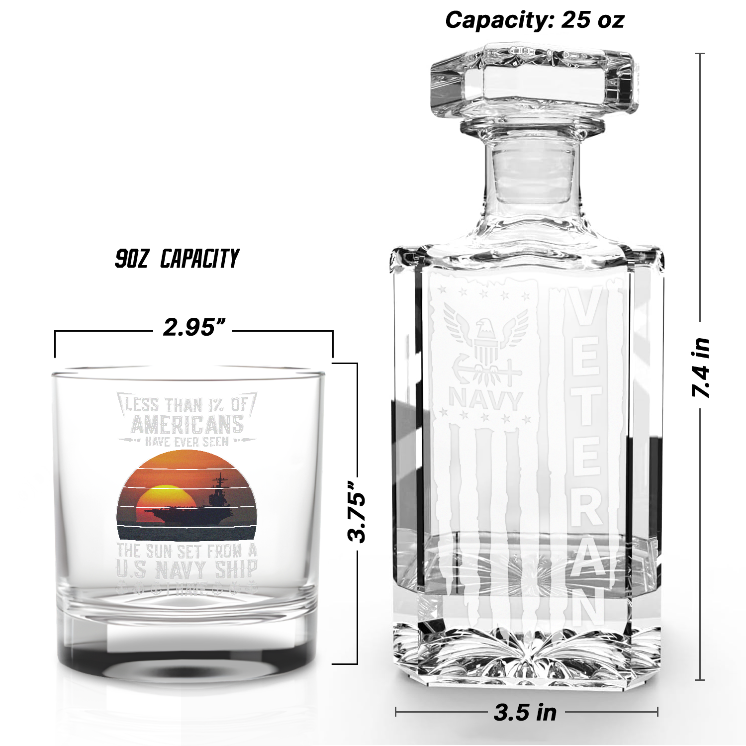 Navy Veteran Set of 2 Whiskey Glasses & Decanter (x2 Coasters Gift)