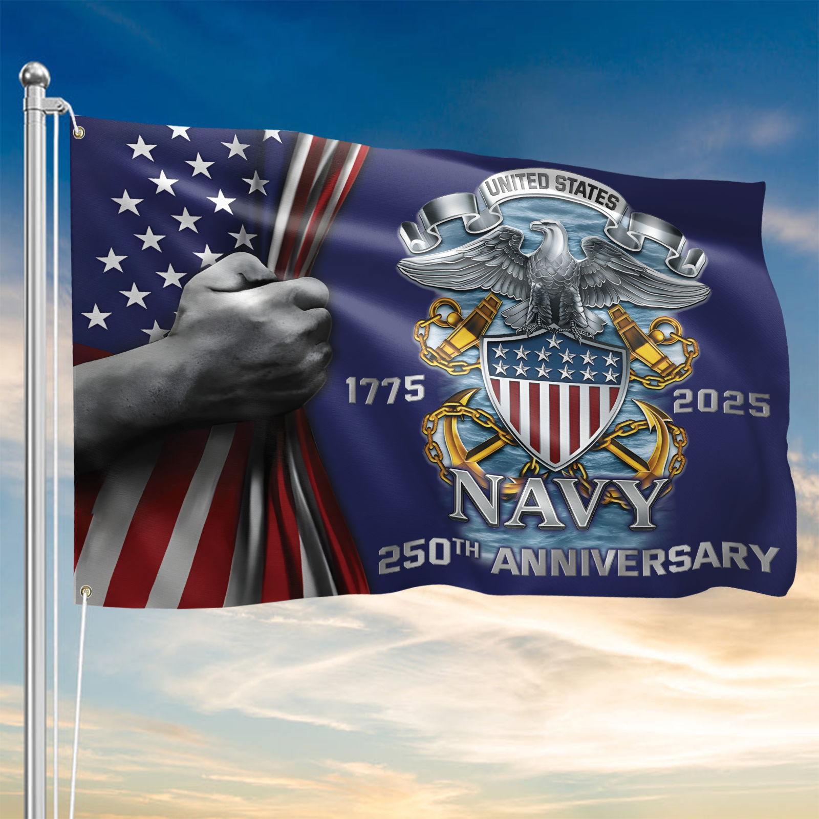 Navy 250th Anniversary House Flag With Flagpole Combo