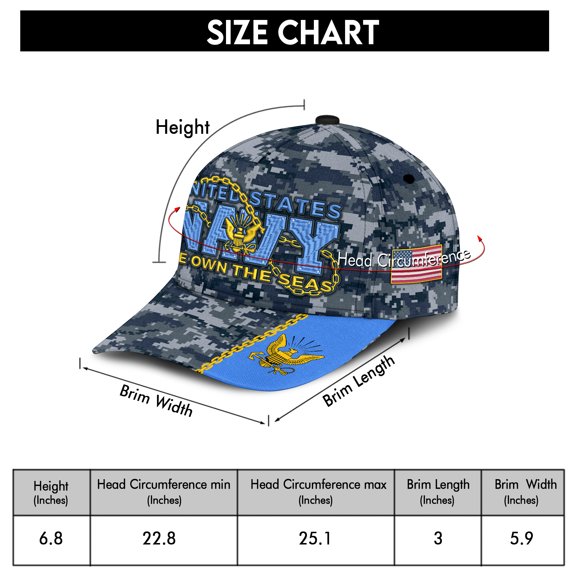 Navy We Own The Seas Embroidered & Printed Cap