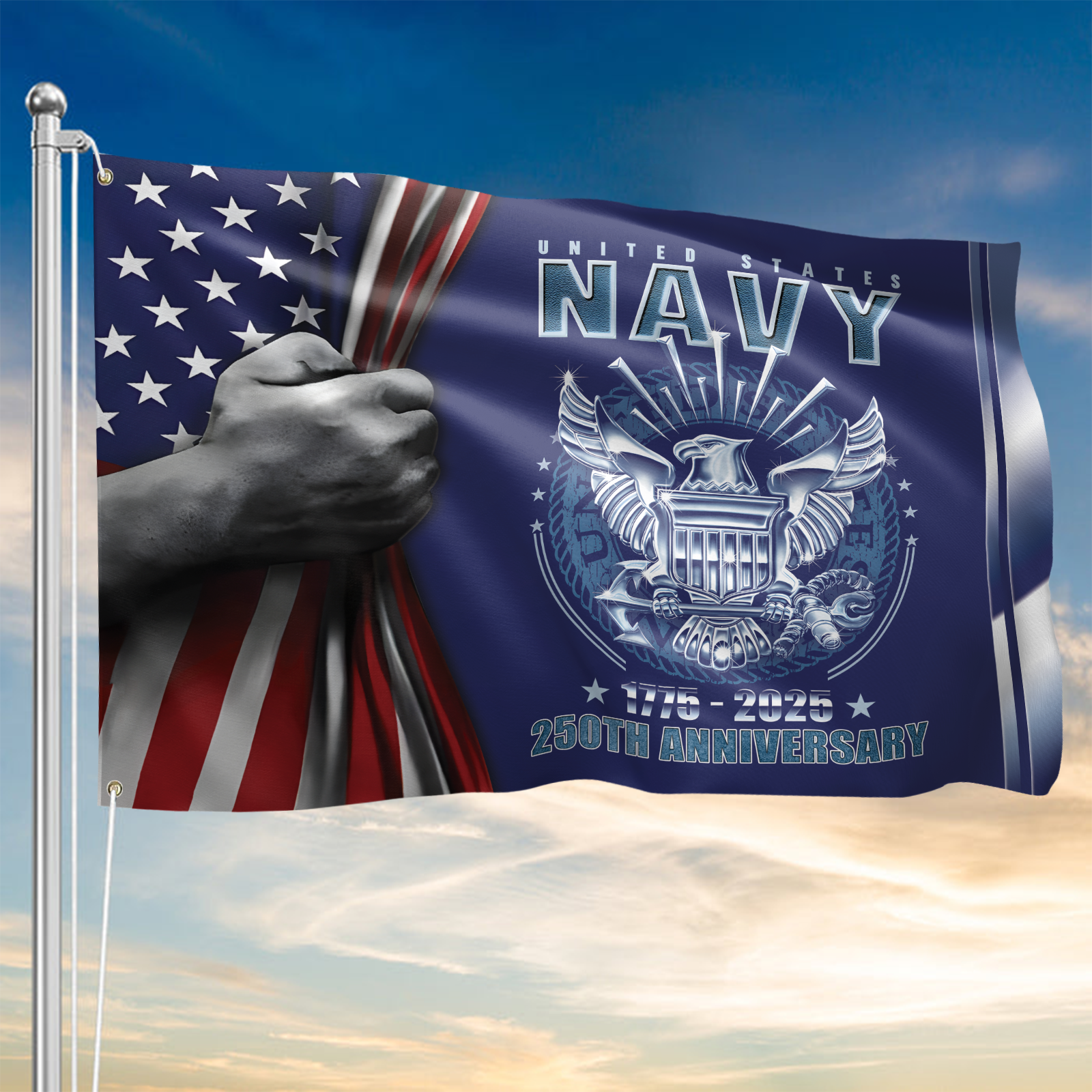 Navy 250th Anniversary House Flag With Flagpole Combo