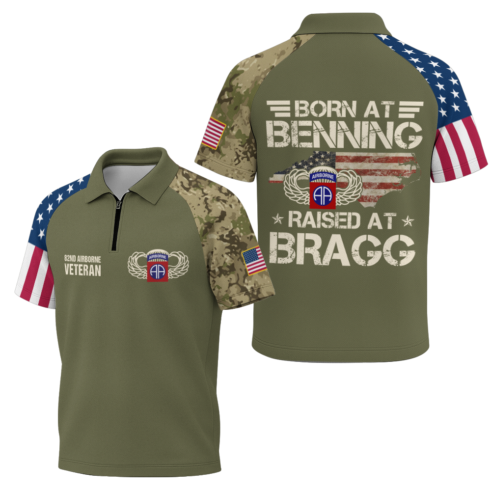 Airborne Born At Benning Raised At Bragg Raglan Zip Polo Shirt