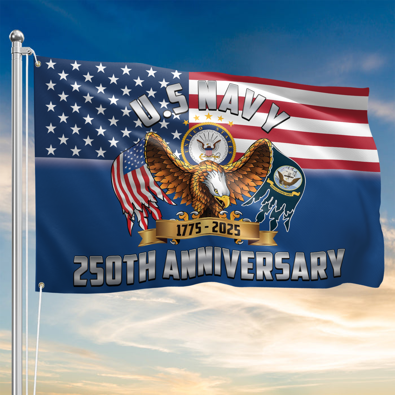 Navy 250th Anniversary House Flag With Flagpole Combo