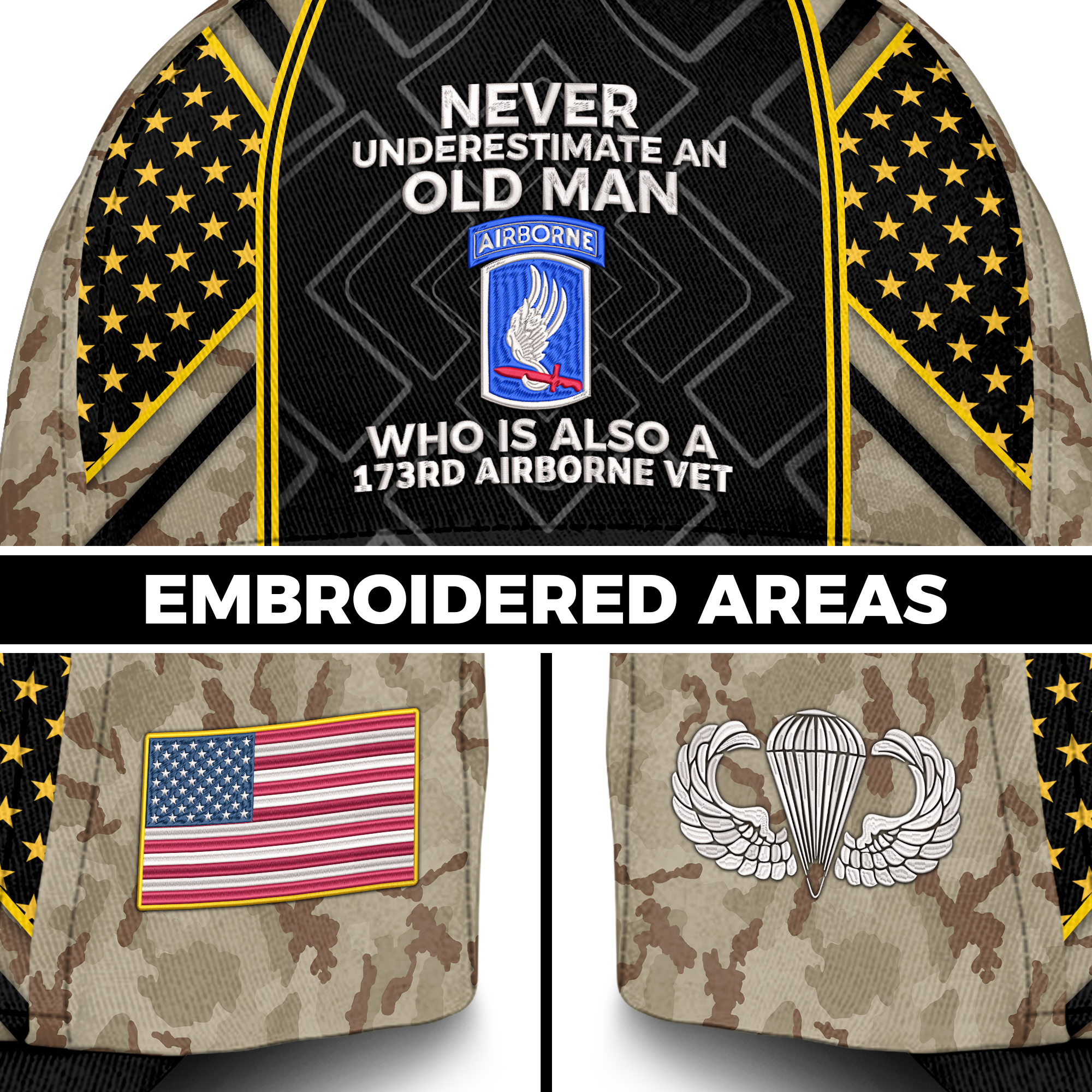 Never Underestimate An Old Man Who Is Also A 173rd Airborne Embroidered & Printed Cap