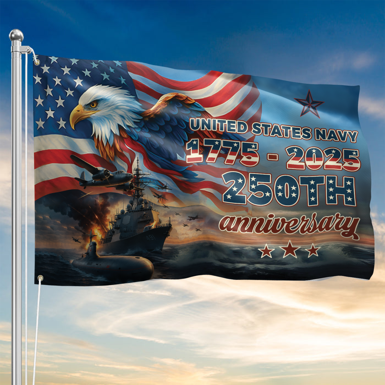 Navy 250th Anniversary House Flag With Flagpole Combo