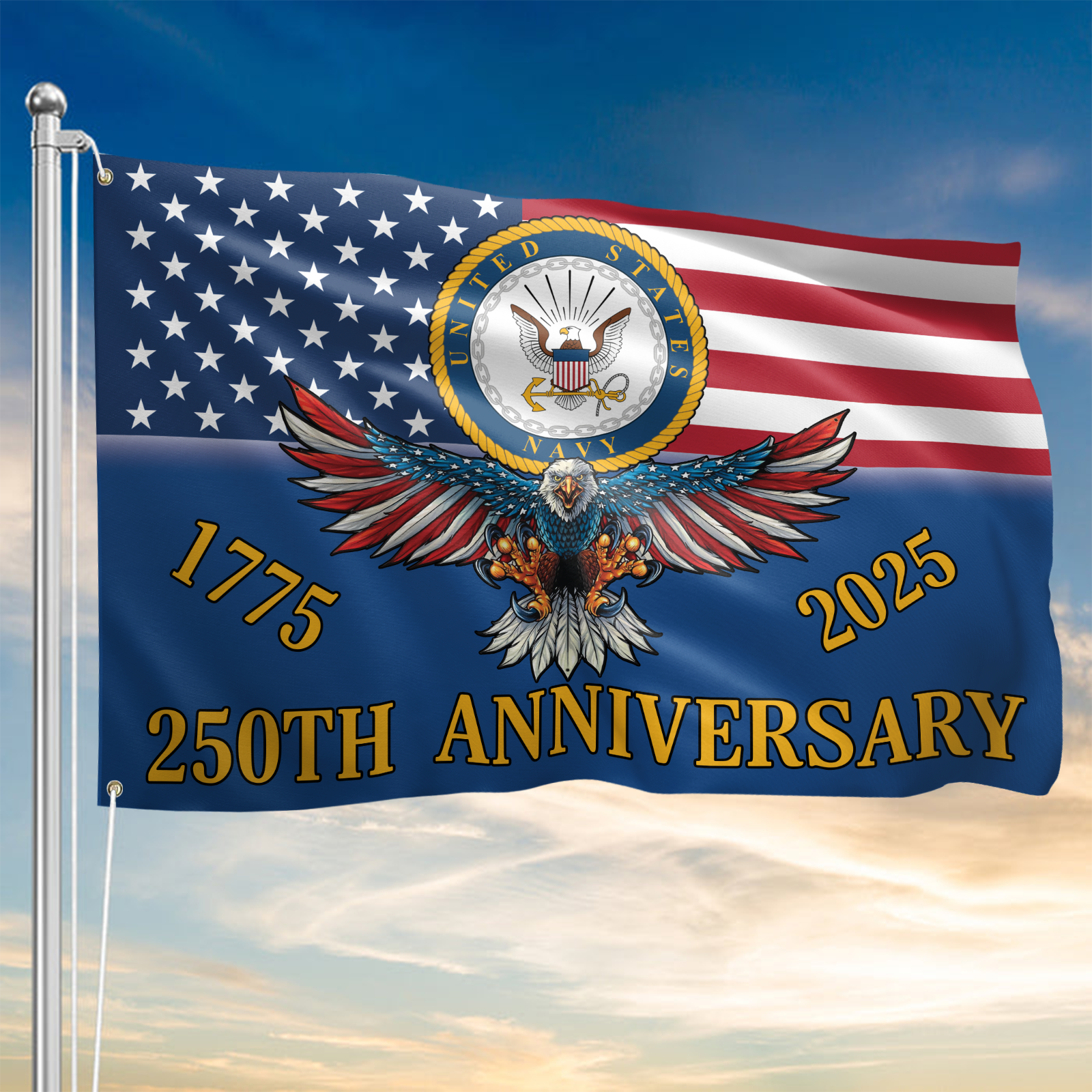 Navy 250th Anniversary House Flag With Flagpole Combo