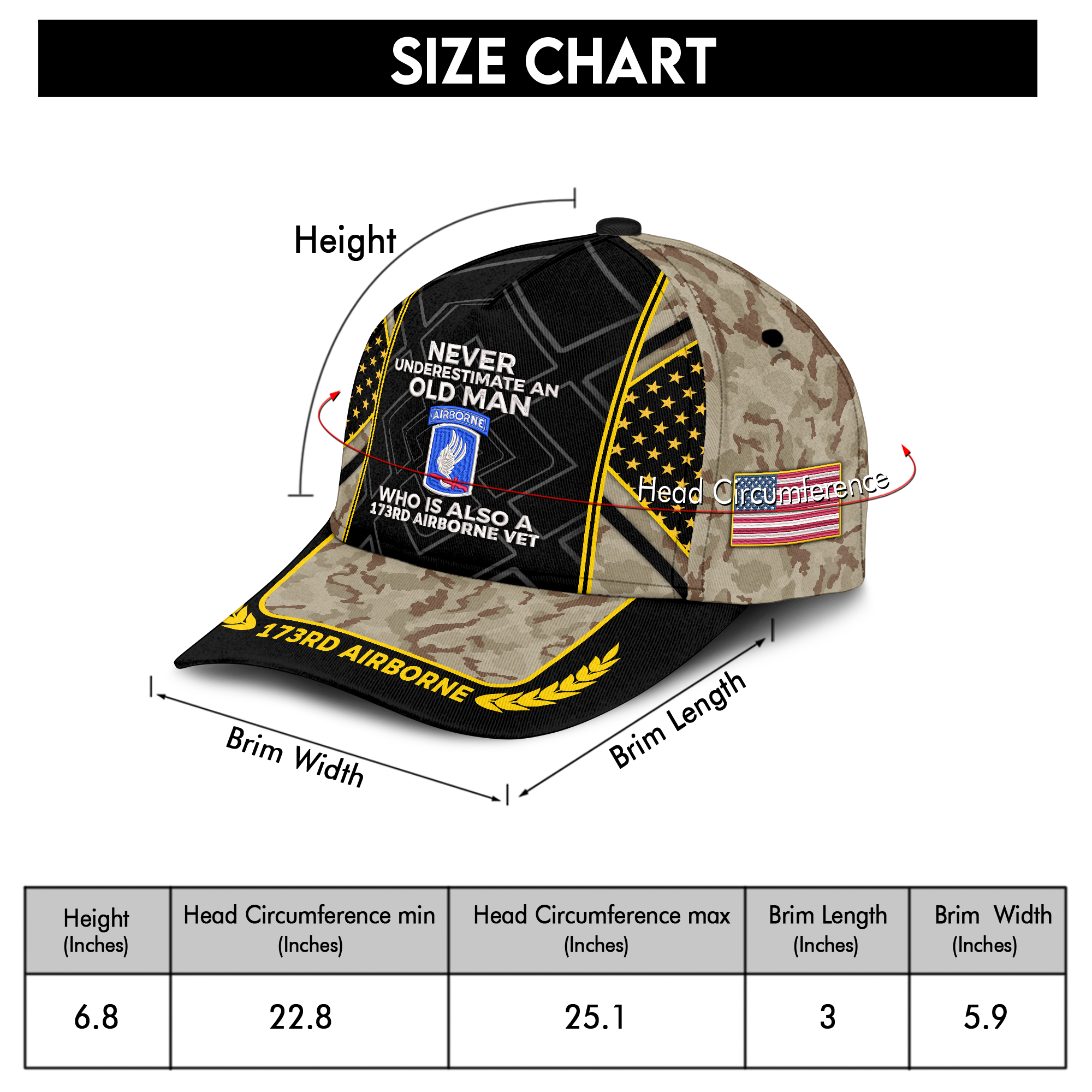 Never Underestimate An Old Man Who Is Also A 173rd Airborne Embroidered & Printed Cap